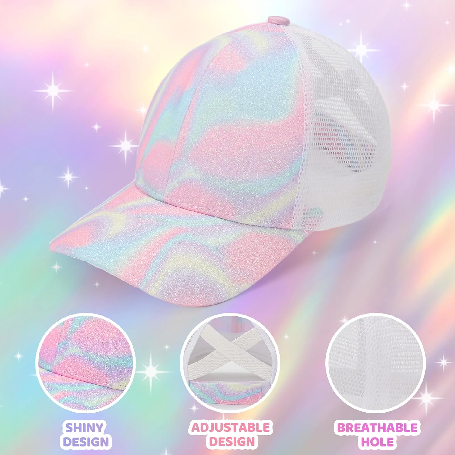 Girls Glitter Baseball Cap Criss Cross Hat, Girl Ponytail Hat - Kids Baseball Cap with High Bun Messy Ponytail (Ages 5-15)