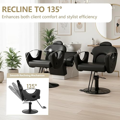 Vista 10 de Silla de peluquería de salón negra y dorada, silla reclinable para estilista para el hogar, silla de peluquería con bomba hidráulica, giratoria
