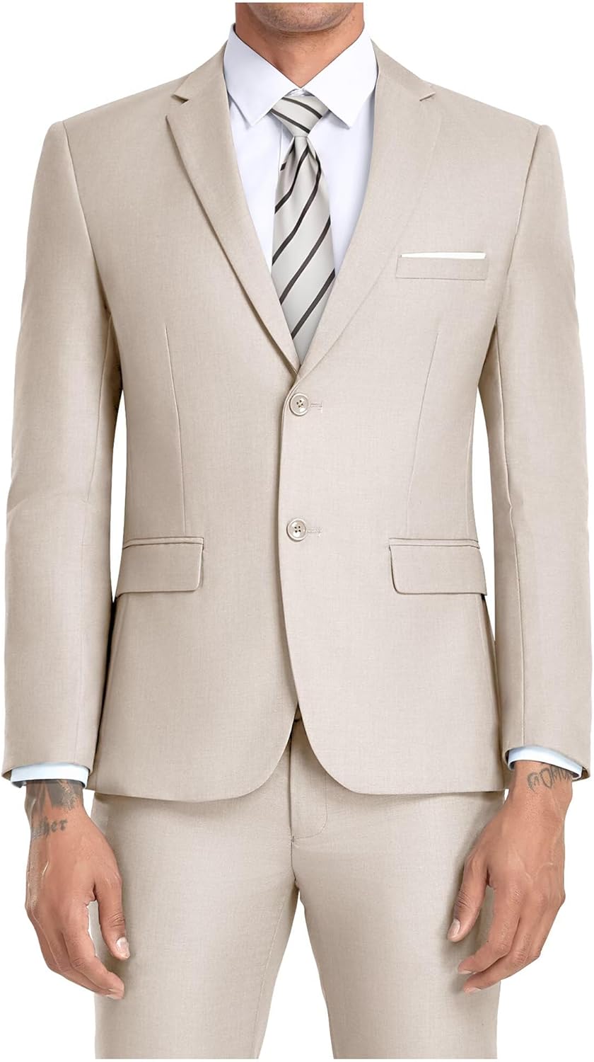 JPF Men's 2 Piece Slim Fit Suit Set, Two Button Solid Jacket Pants with Tie Suits for Men