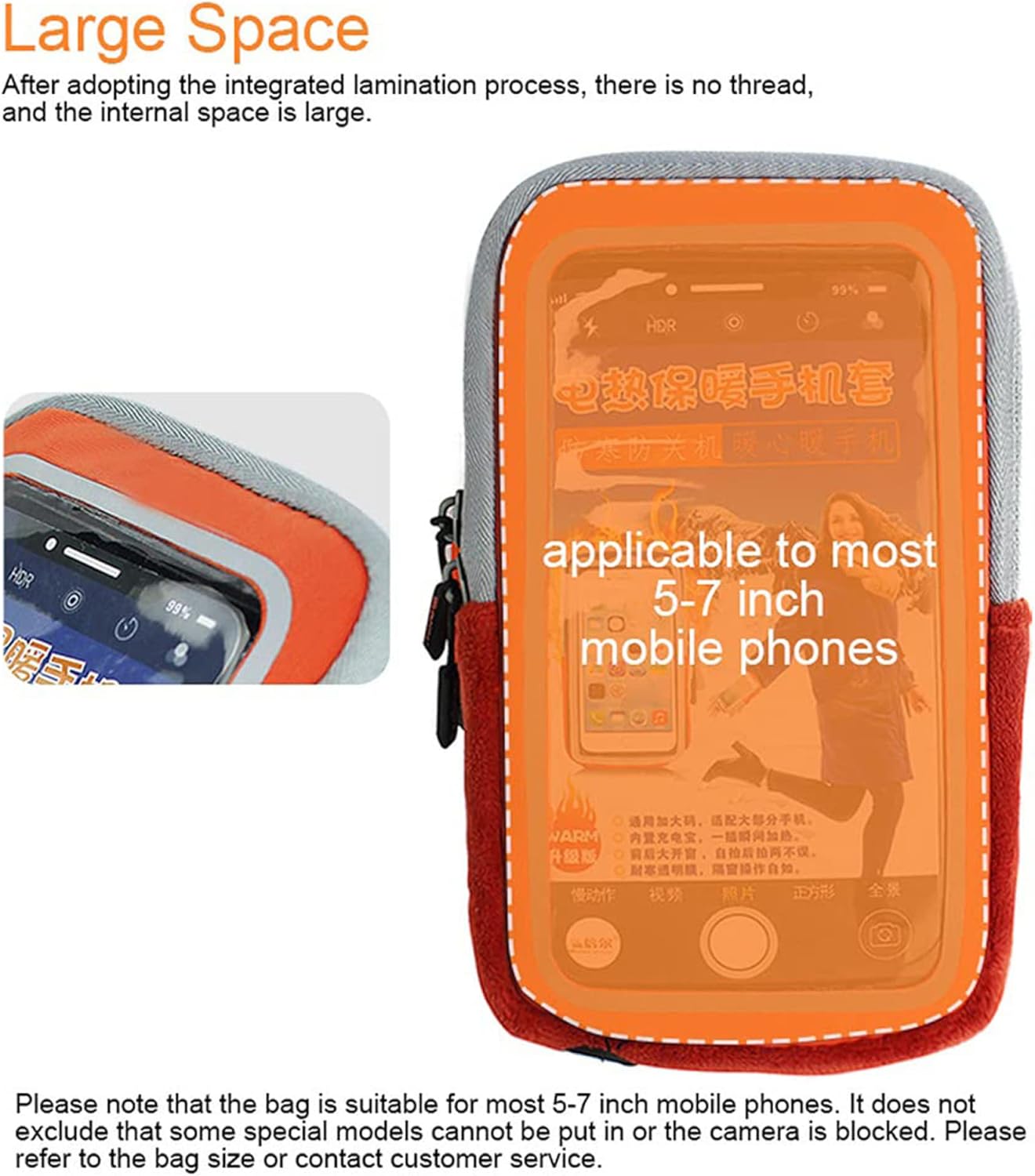 Heated Phone Case,Winter Warm-Keeping Electric Heating Phone Holder Against Cold Sports Armband, Suitable for Most 4-7 Inch Screen Phones/Orange