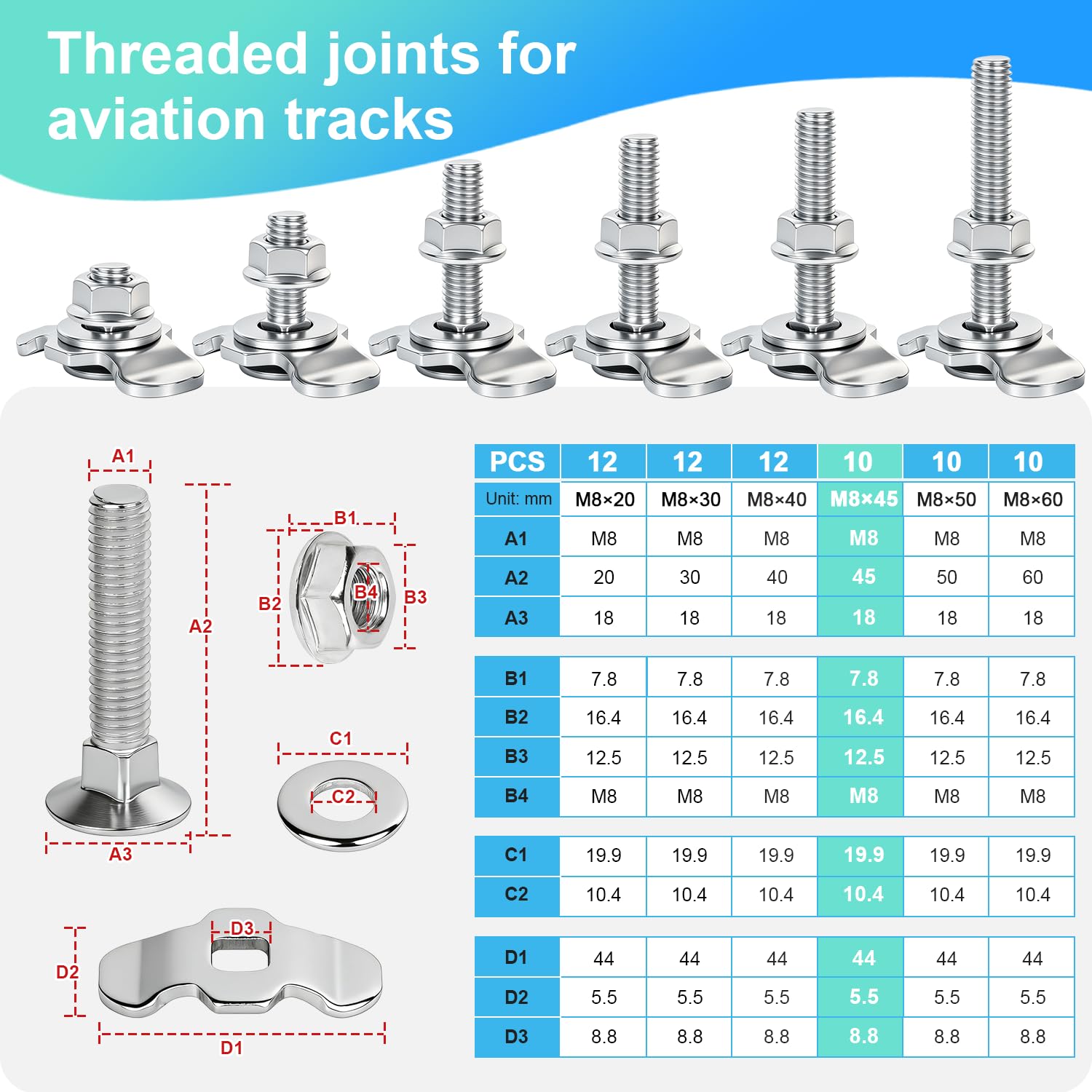 Tornillo fitting M8 x 40 mm, accesorios para riel de aerolínea, juego de 10 unidades (M8 x 40 mm, 10 unidades) (M8x45-10pcs)