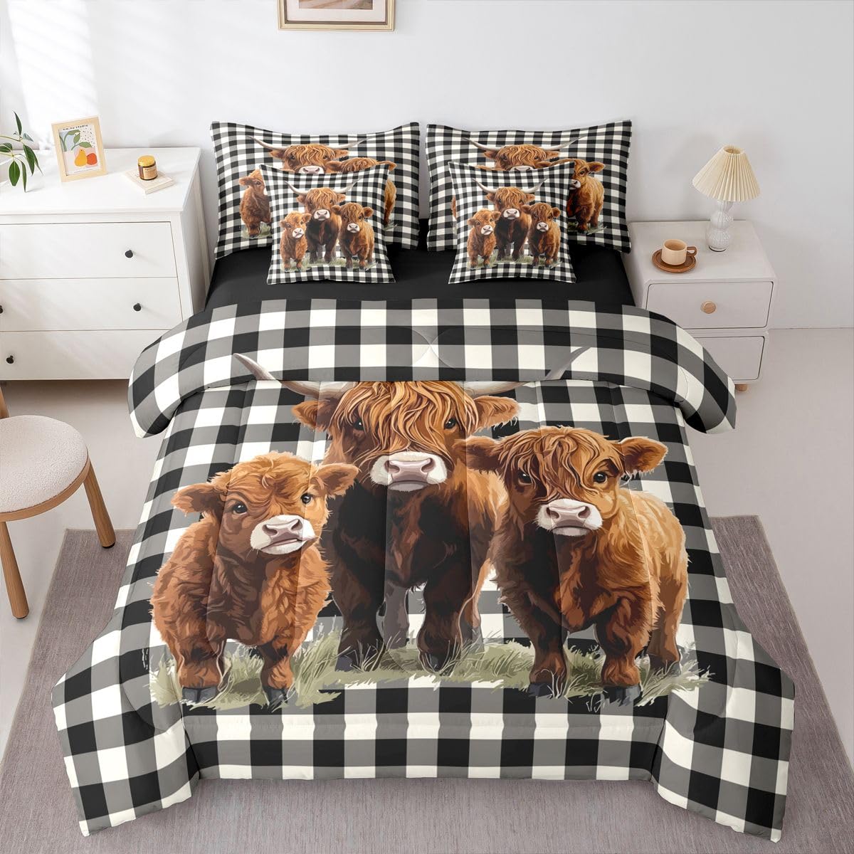 Erosebridal Highland Cow 7 Pieces Bedding Set Twin Western Farmhouse Comforter Set for Girls Kids Rustic Cow Print Bed in A Bag with Flat and Fitted Sheet Black and White Buffalo Plaid Grid Quilt Set