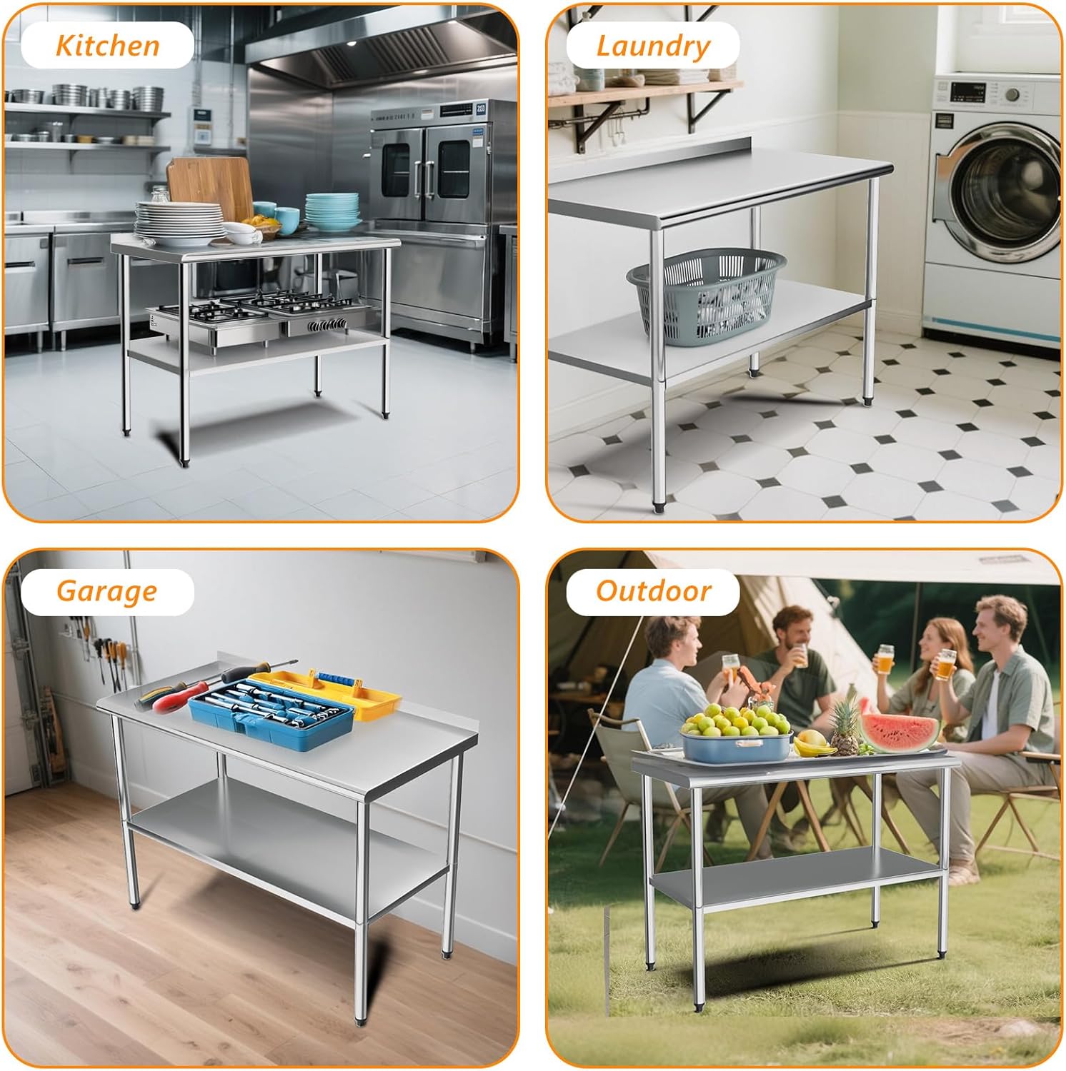 ROVSUN 60'' x 24'' Stainless Steel Table for Prep & Work,Commercial Worktables & Workstations, NSF Heavy Duty Metal Table with Adjustable UnderShelf & Backsplash for Kitchen,Restaurant,Home,Hotel