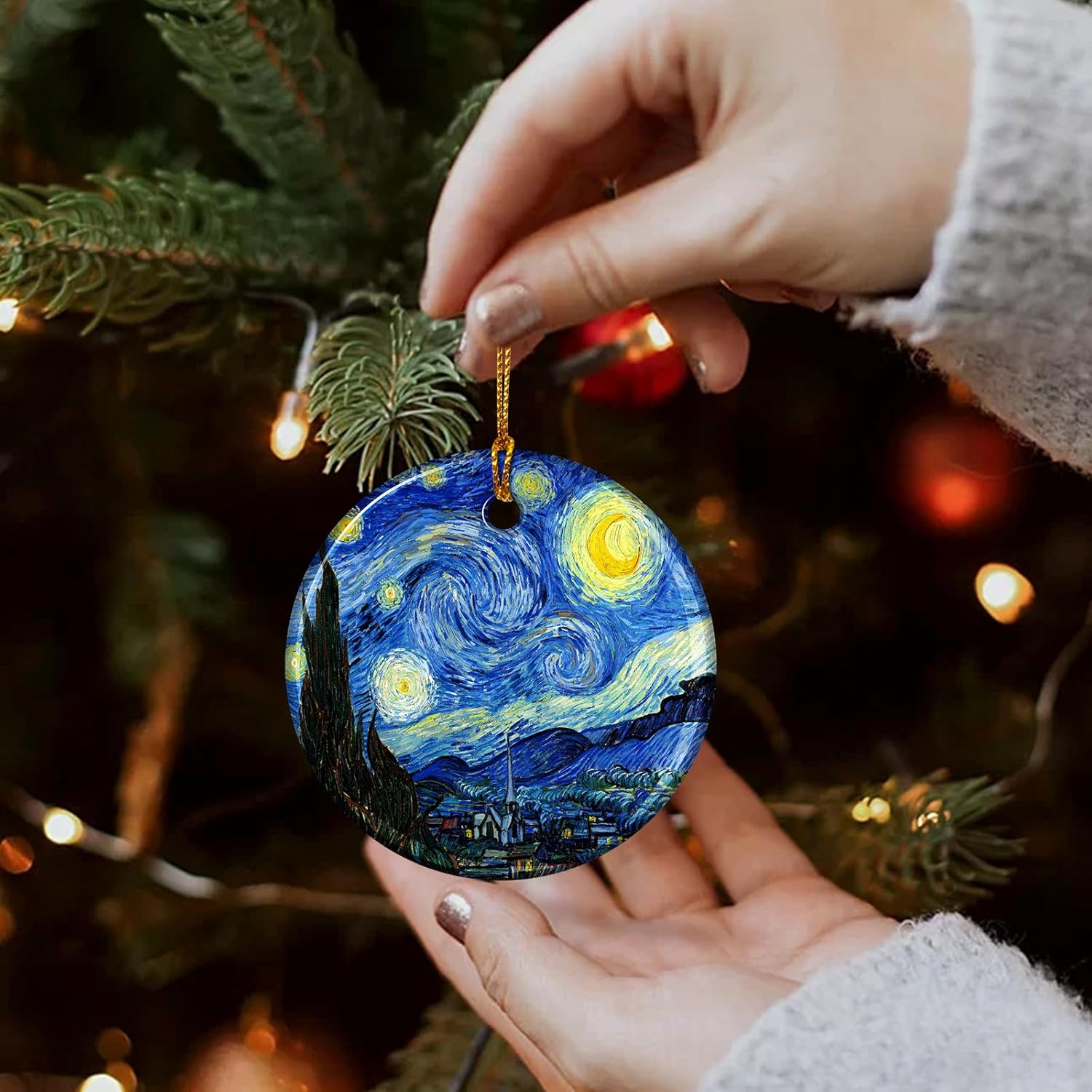 Starry Night Style Ceramic Christmas Ornaments – Artistic Blue Holiday Decor for Tree, Famous Painting Inspired Art Ornament, Elegant Artist Gift - Image 3