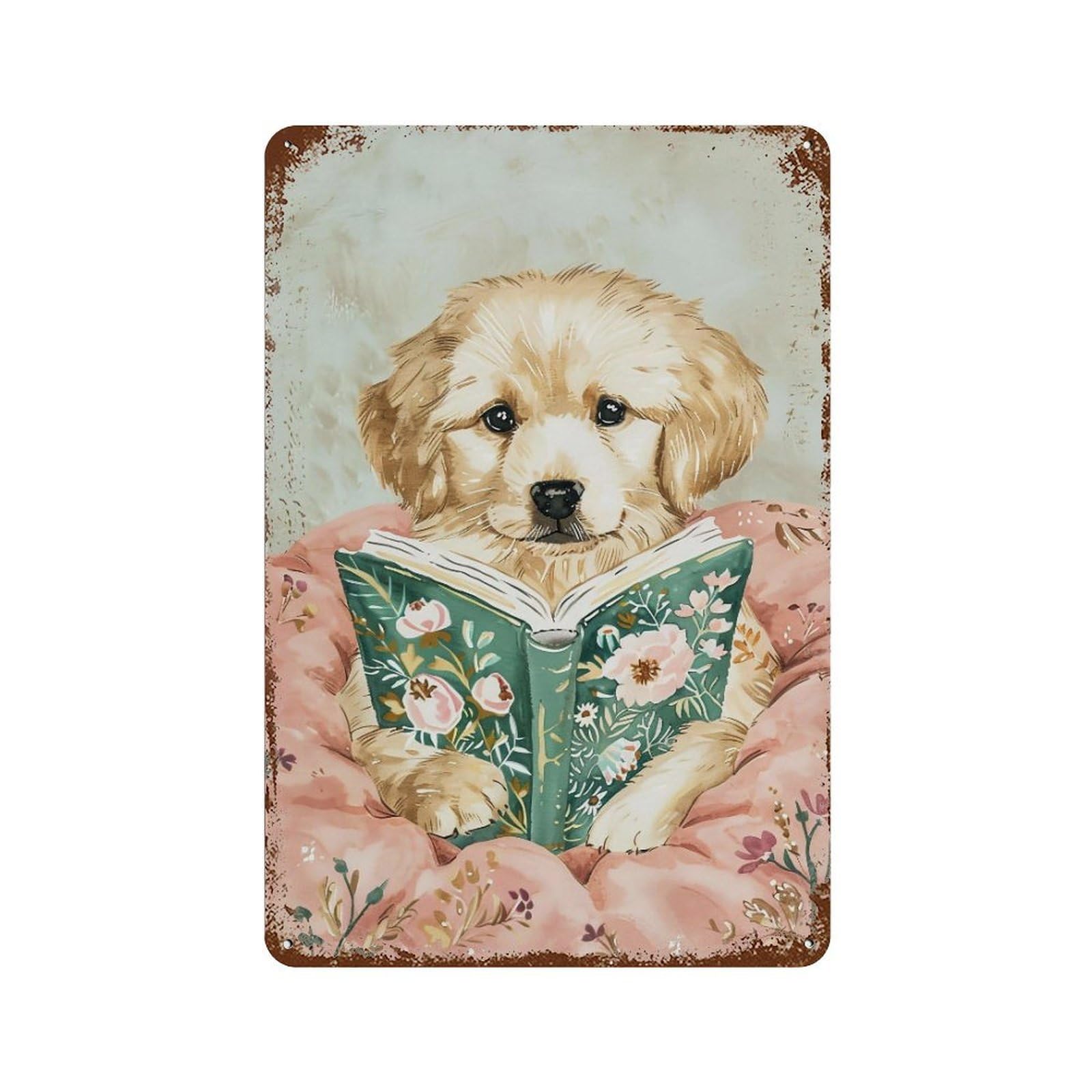 FHUYEURHRY Cute Golden Retriever Puppy Reading 01 Wall Decor Retro Iron Vintage Art Metal Tin Sign Poster Modern Home Cofffee Club Art Bar Shop Decorations Style-29 30x20cm