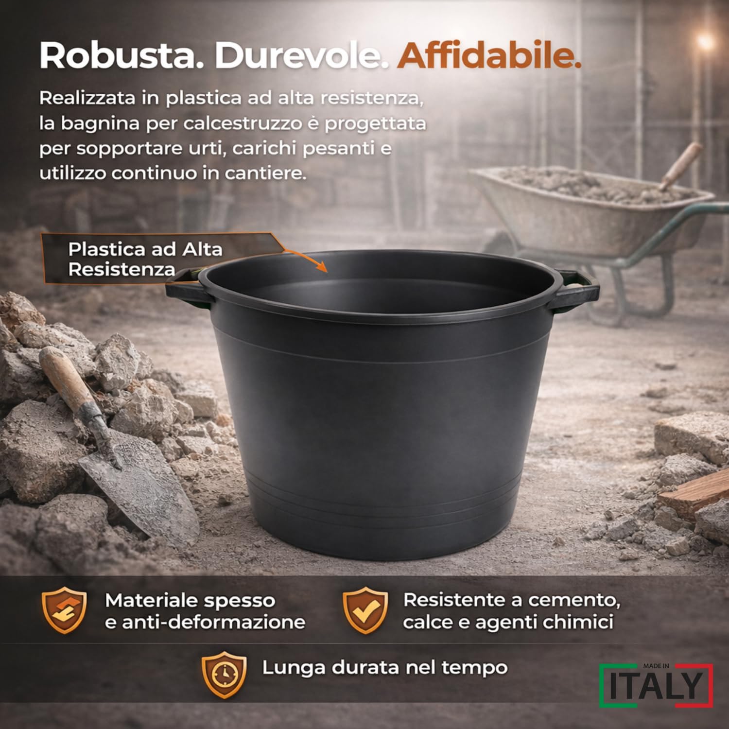 MOHOME Mastello Multiuso PVC Secchio Nero Made in Italy Cassa Macerie Malta Calcinacci Tinozza per Edilizia Set da 10 Capacità 45 Litri Impilabile Doppio Manico Resistente Cantiere Giardino Casa