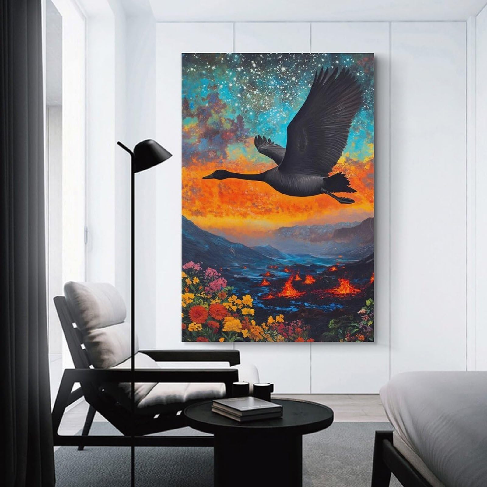 Junmoney Unframe-Style-23 Black Swan Flying Over Volcanic Landscape Canvas Wall Art 24X36inch(60X90cm), For Office Decor, Home Working Or Creative Rooms, Wall Art That Adds Style To Work Areas