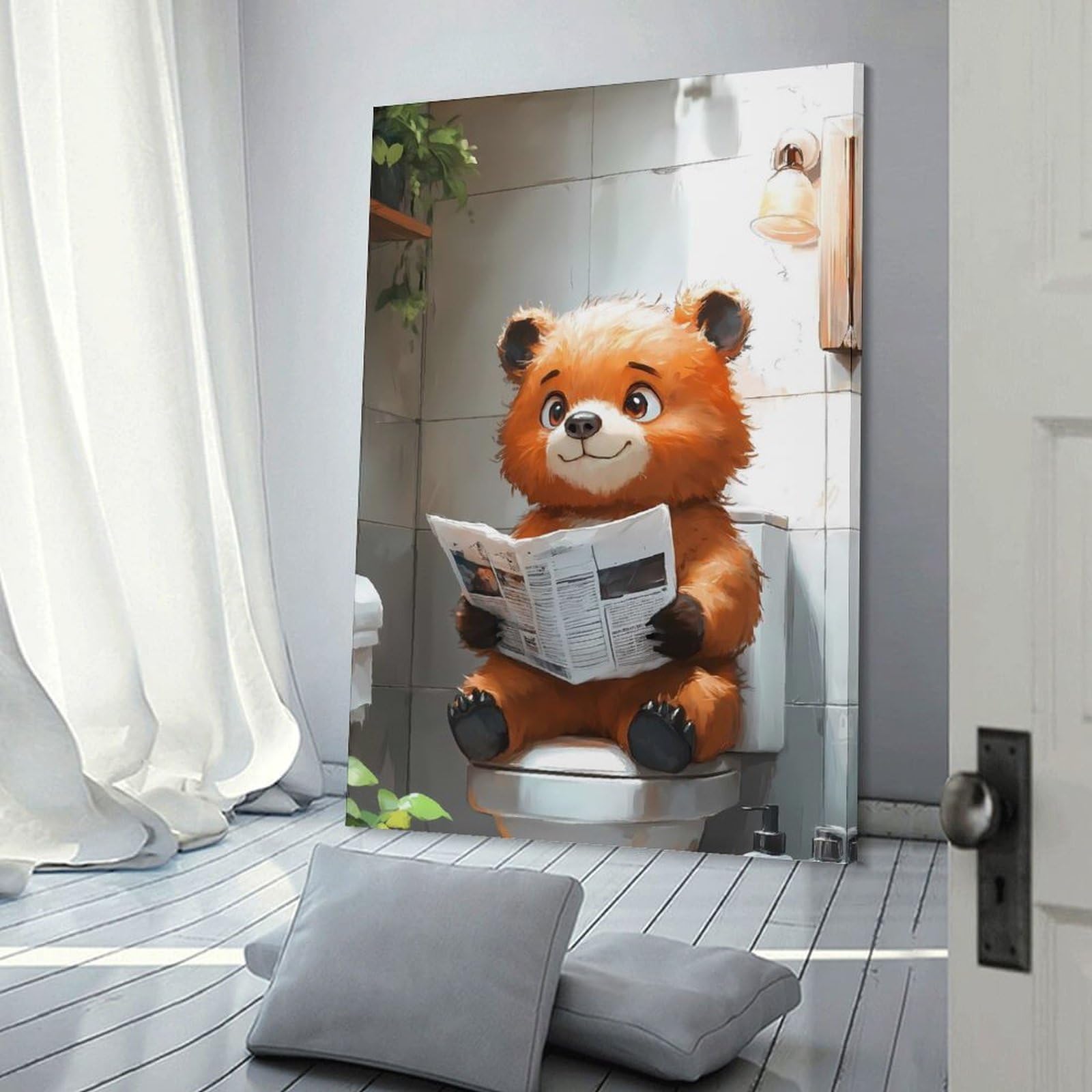 Junmoney Bear Reading on Toilet(2) Canvas Wall Decor, 24x36inch(60x90cm), for Office, Study Or Home Workspace, Wall Art That Adds Style to Work Areas