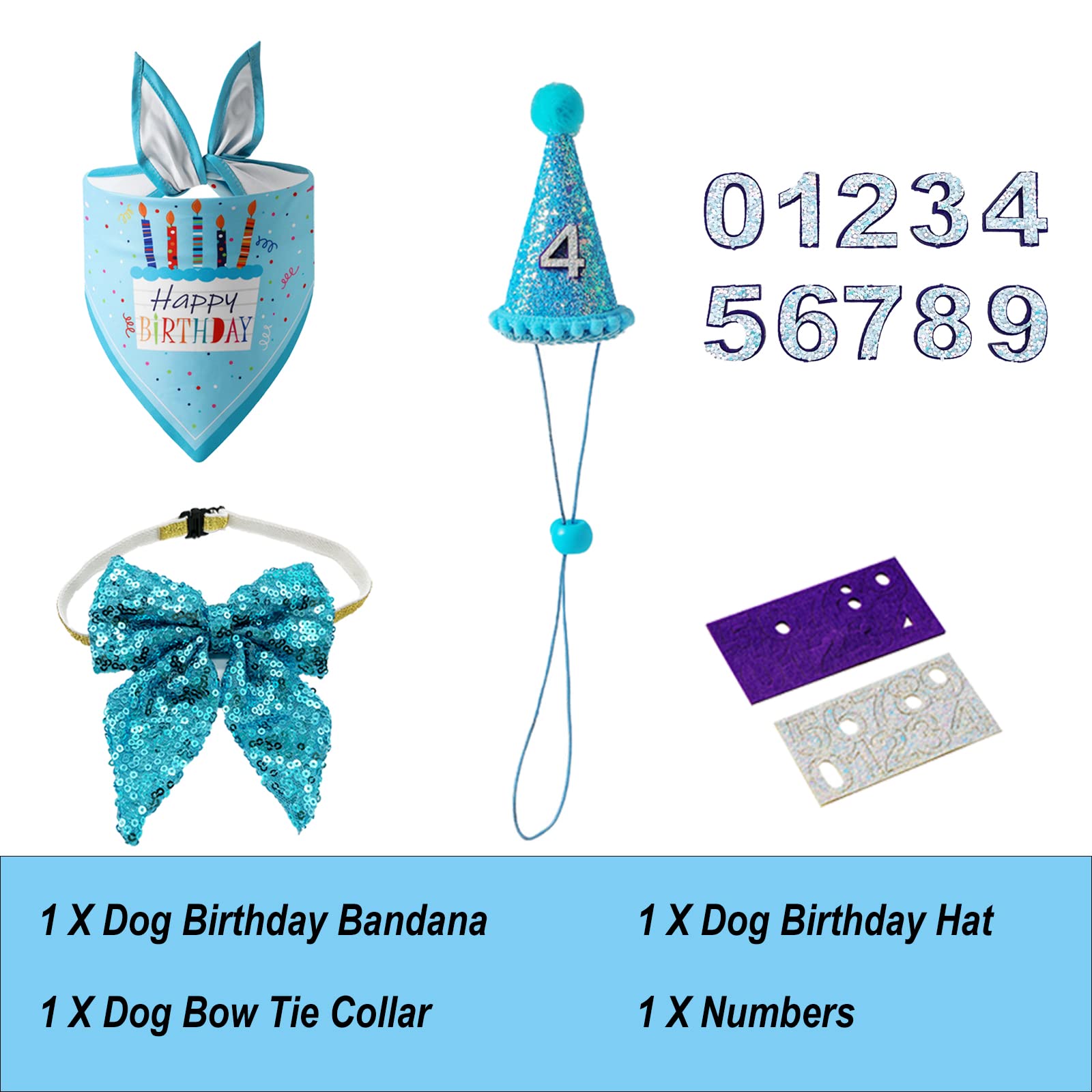 Classicseali Hundegeburtstag Set 4-teilig - Mit Banner, Bandana, Fliege & Geburtstagsmütze