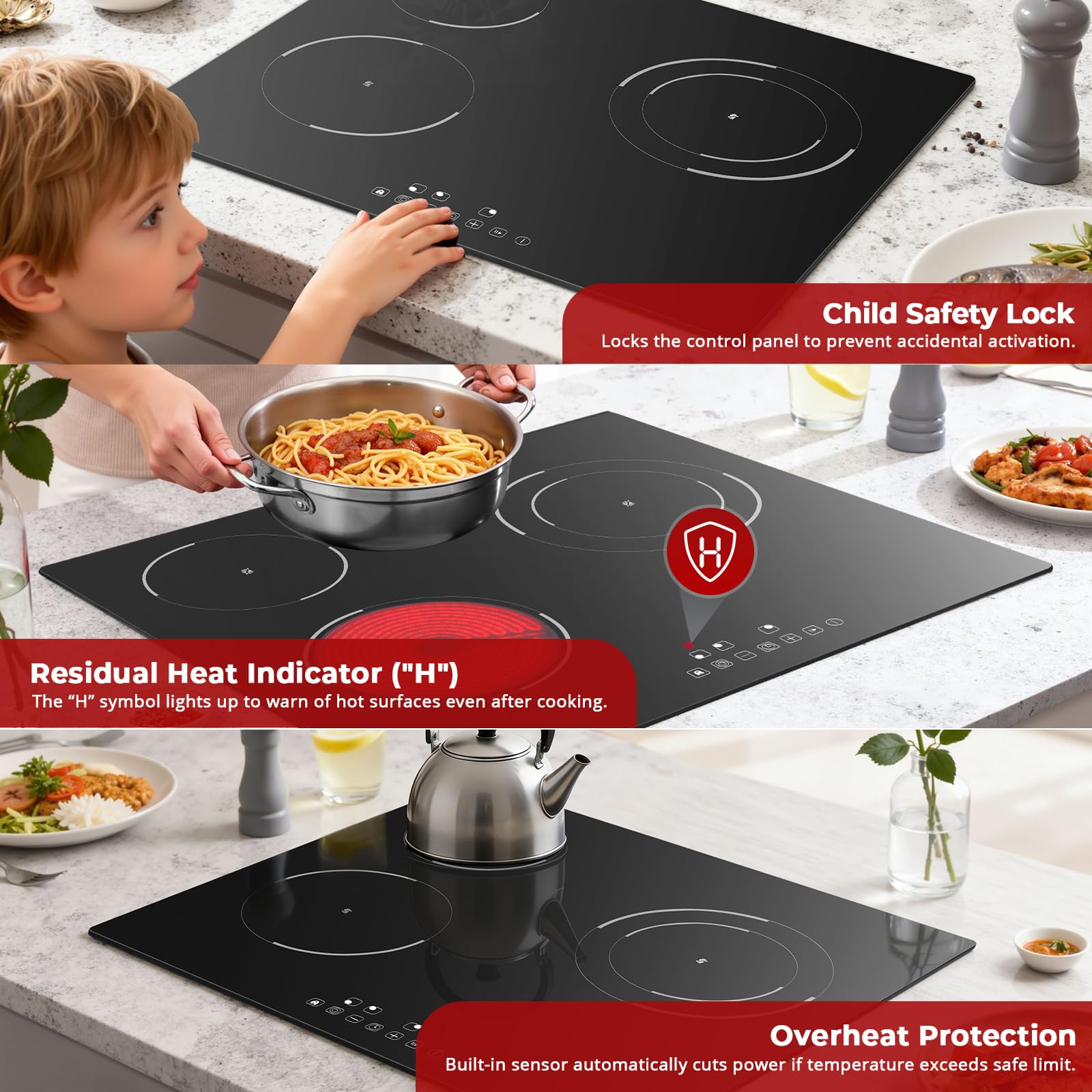 SNDOAS Płyta ceramiczna z 3 palnikami 5200 W, 3 strefy gotowania (1200 W + 1800 W + 2200 W), 9 poziomów mocy, bezpieczeństwo dzieci, timer 99 min, kompatybilny ze wszystkimi typami garnków