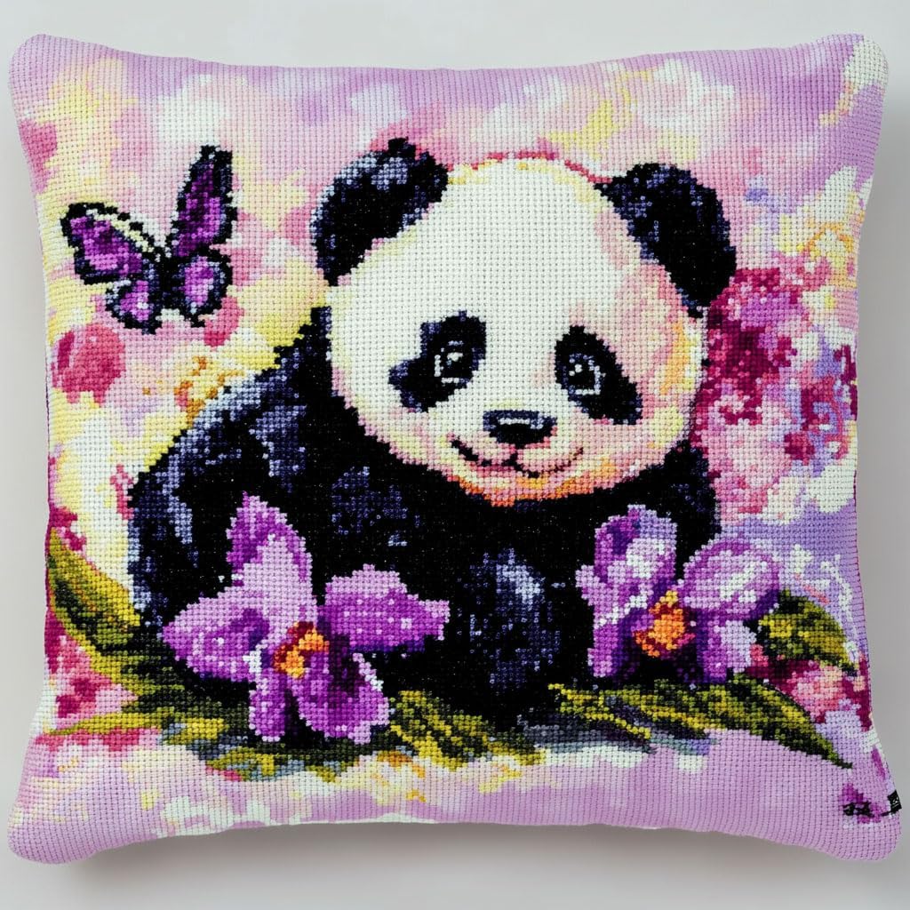 Stamped Cross Stitch Pillow Kits, Cartoon Panda 11CT Cross Stitch Cushion Cover Embroidery Kit Pillow Cases Counted Needlepoint Handmade Cushion Cover for Home Decor 18x18inch