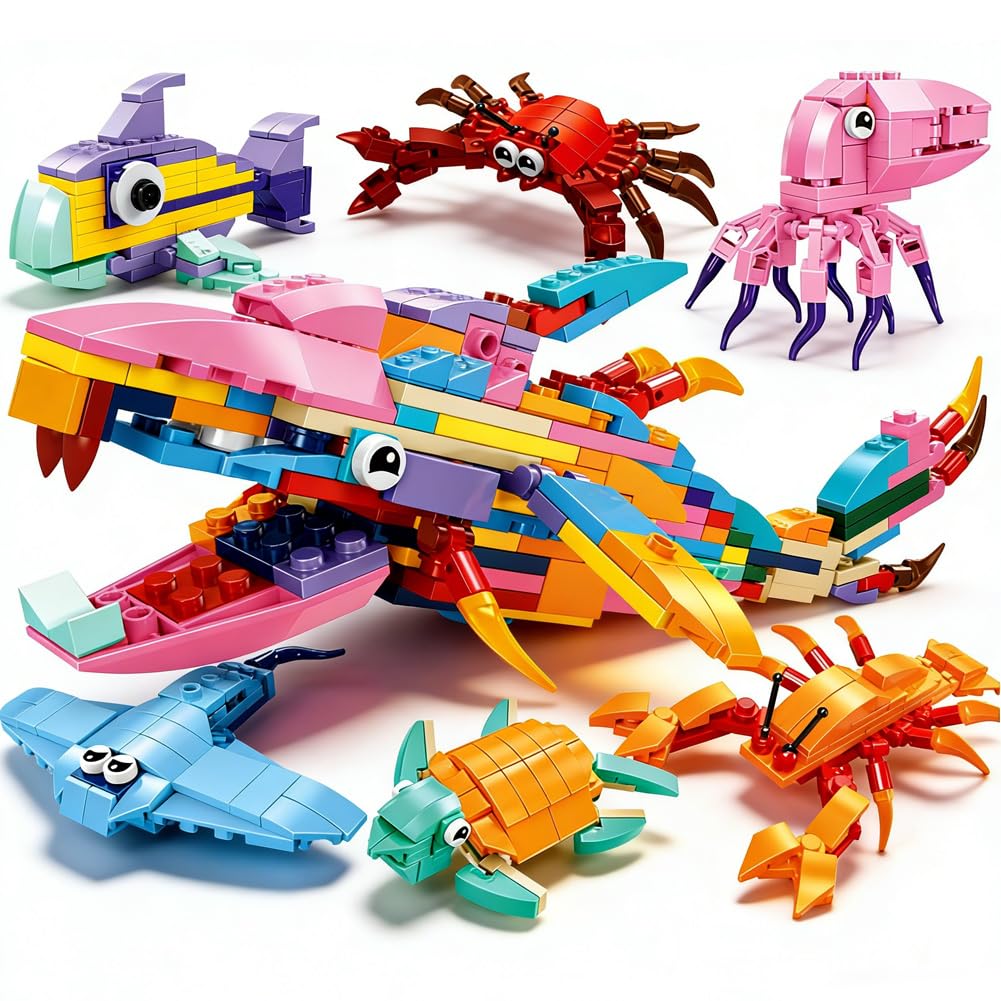 KMFASVX Building Blocks Bag Fillers for Kids, 6 PCS 6 in 1 Marine Organism Building Blocks Toy, Animal Building Models for Girls & Boys 6+, Birthday, Easter, Party Favors Return Classroom Prize Gift