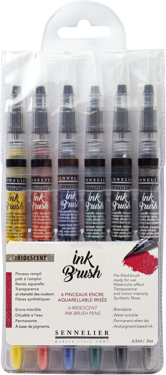 Sennelier Ink Brush Pen Set, 6-Colors, Iridescent