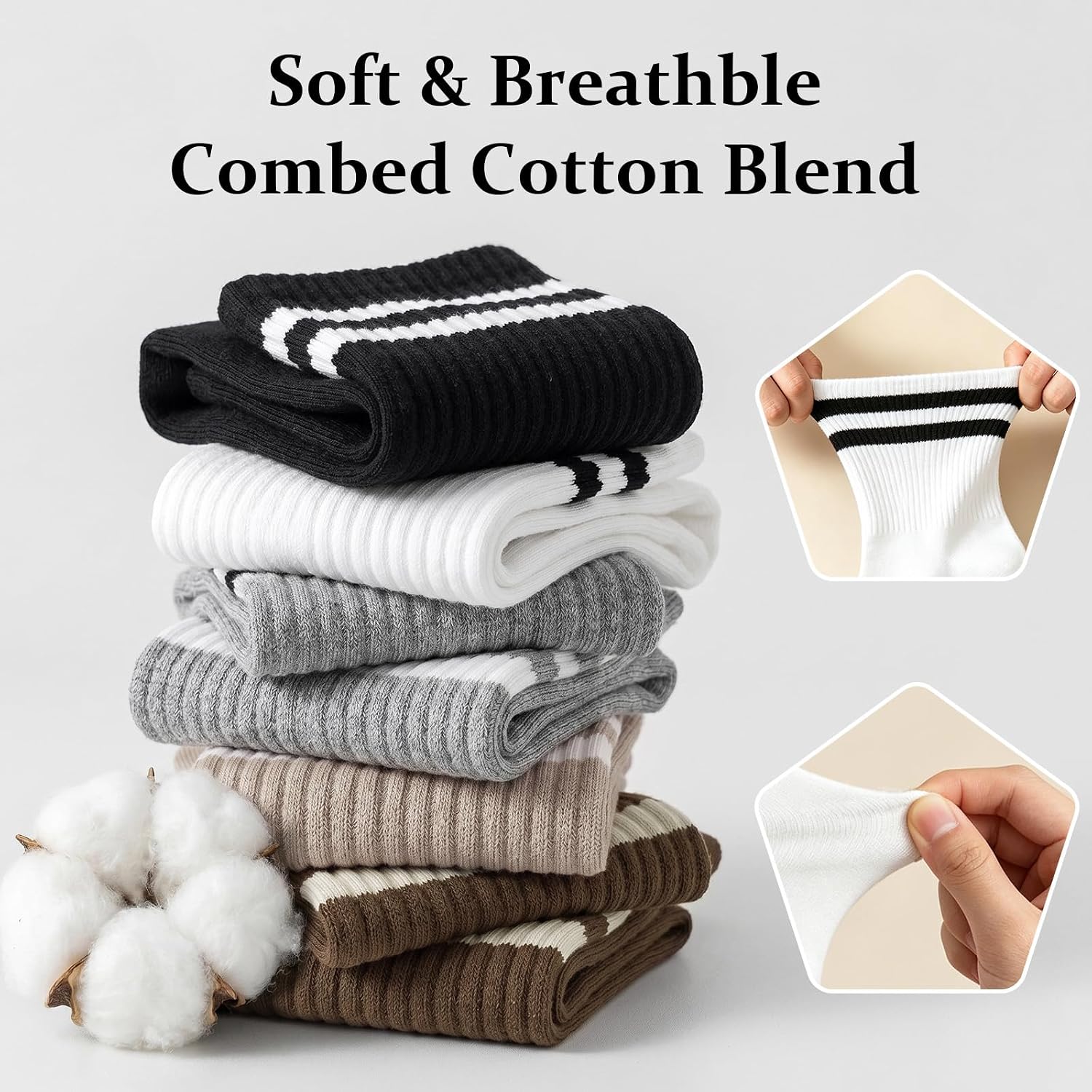 5 Pairs Womens Striped Crew Socks,Casual Cotton Above Ankle Socks for Women | Vintage Calf Socks for Sneakers Loafer,Womens Cozy Athletic Socks for Hiking