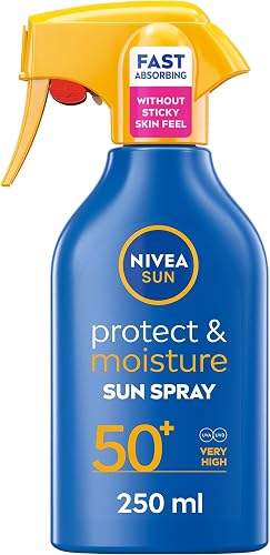NIVEA Sun Protect & Moisture SPF50+ 250ml, UVA/UVB Sunscreen, 48h Hydration, Water Resistant Sun Trigger Spray