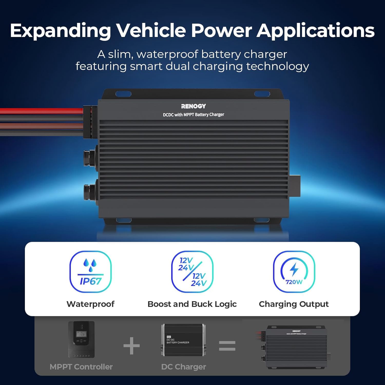 DC to DC Charger with MPPT 12V/24V 50A 720W IP67 Waterproof Auto-Voltage Buck/Boost Charging for Lithium AGM Gel Batteries in RV Marine Off-Road
