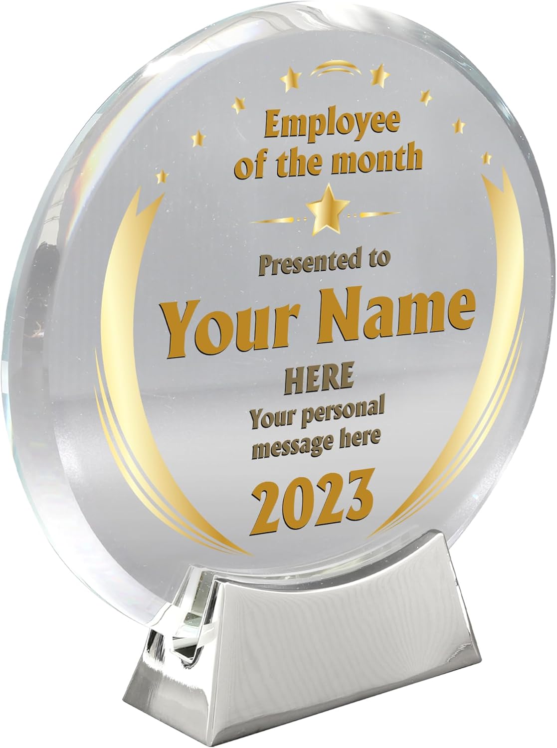 Personalized Round Platinum Glass Plaque, Personalized Plaque as Awards and Trophies, Glass Awards Plaques as Retirement Plaque and Employee of the Month Plaque, Leadership Gifts, 6 1/4" Variation (Design 6)