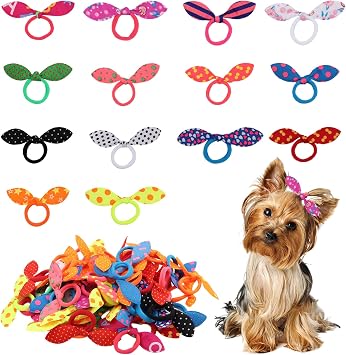 50 Pcs Small Dog Hair Ties, Rabbit Ear Shape Hair Bows with Rubber Bands, Cute Multicolor Varies Patterns Dog Hair Accessories for Small Breed Grooming & Styling