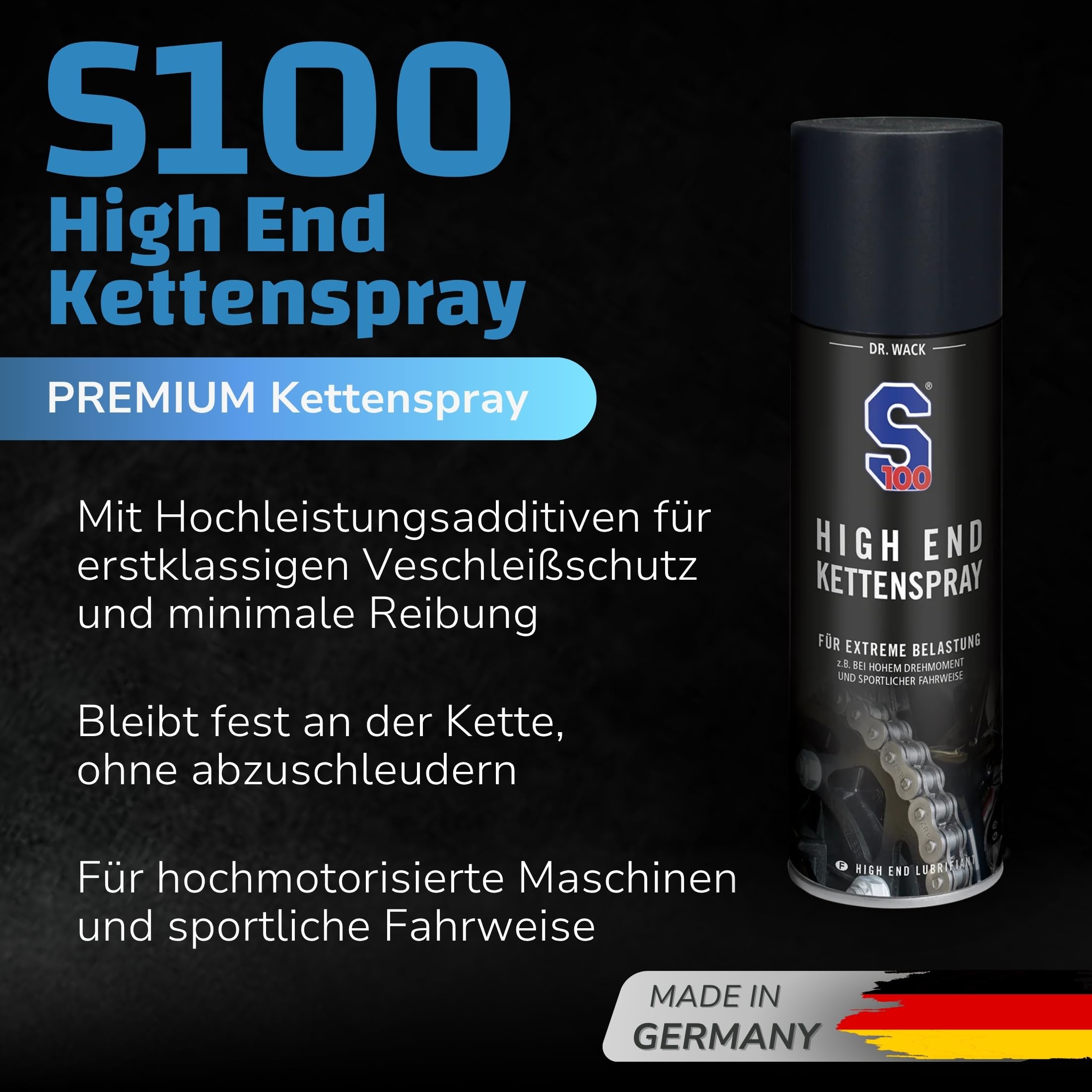 DR. WACK S100 HIGH END Kettenspray 300 ml - Kettenschmierstoff für hohe Belastungen - Effektiver Schutz vor Verschleiß - für alle Motorradketten geeignet - Hochwertige Motorradpflege