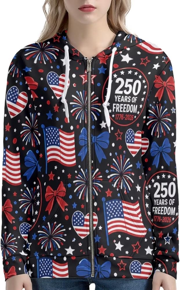 Irisjudy 250 Years of Freedom Zip Up Hoodies for Women, Patriotic