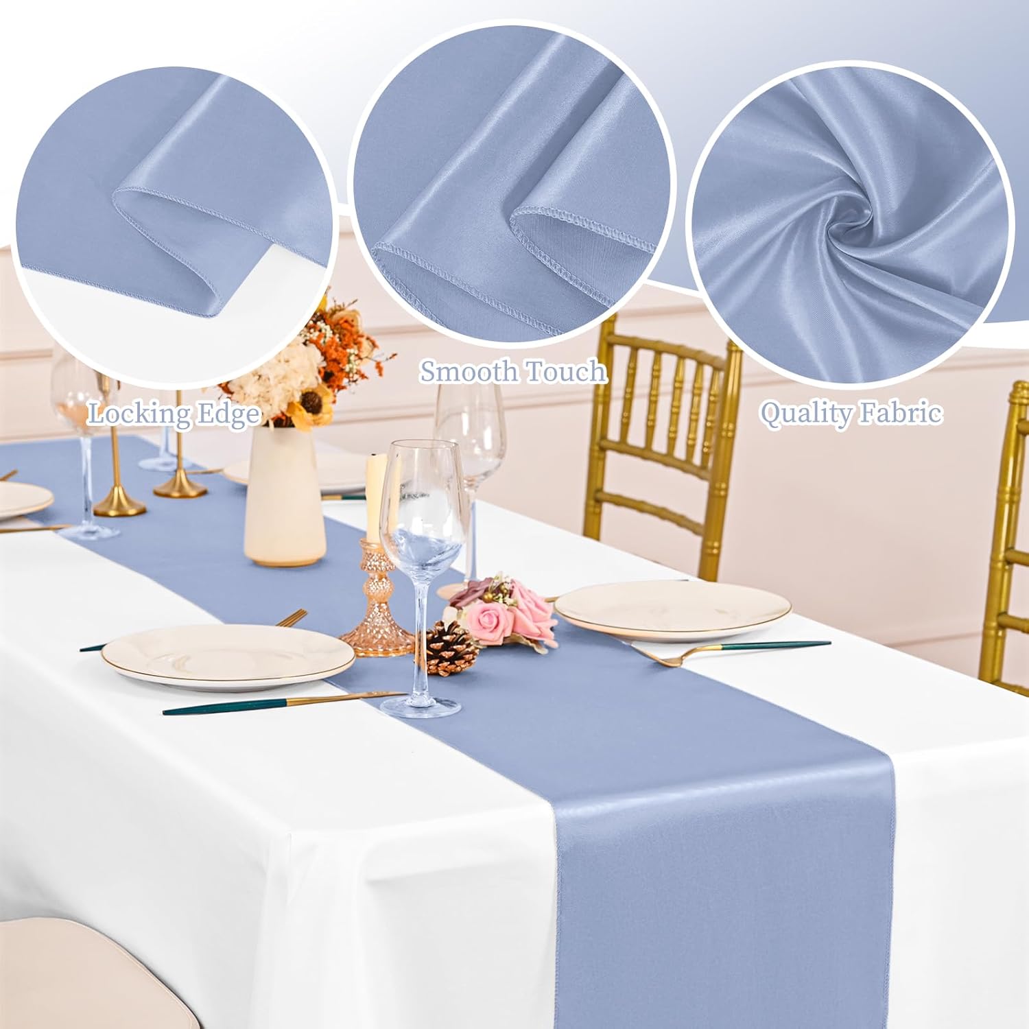 20 Pack Dusty Blue Satin Silk Table Runner 12 x 108 Inch, Long Smooth Silk Table Runners for Wedding, Banquets, Birthday Party, Graduations