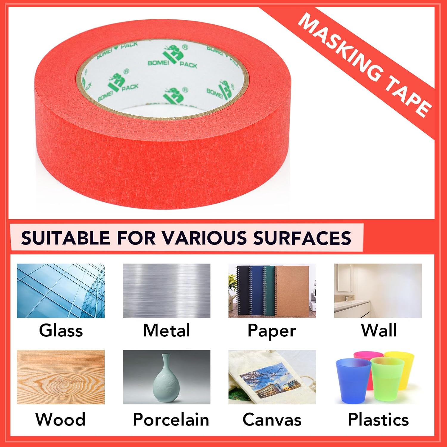 BOMEI PACK 5Rolls Red Masking Tape 36mm x 55yds, General Purpose Red Painters Tape for Painting, Labeling, DIY Crafting, Decoration and School Projects, Total 275yds