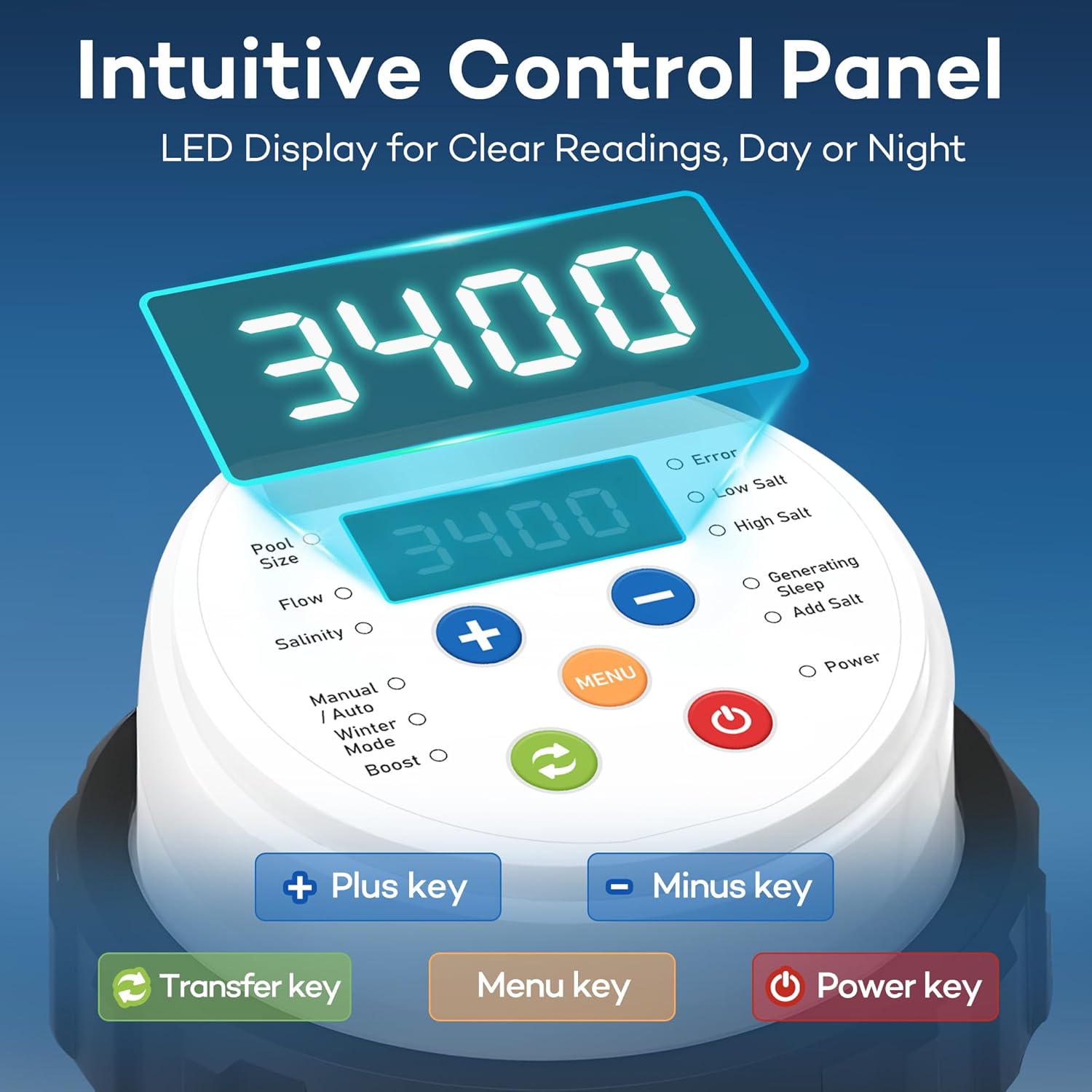 Salt Water Pool Chlorinator System - Built-in Salinity Sensor, Smart All-in-One Design, Plug-in Salt Chlorine Generator for Above Ground Pools up to 15,000 Gallons,Easy to Set-Up