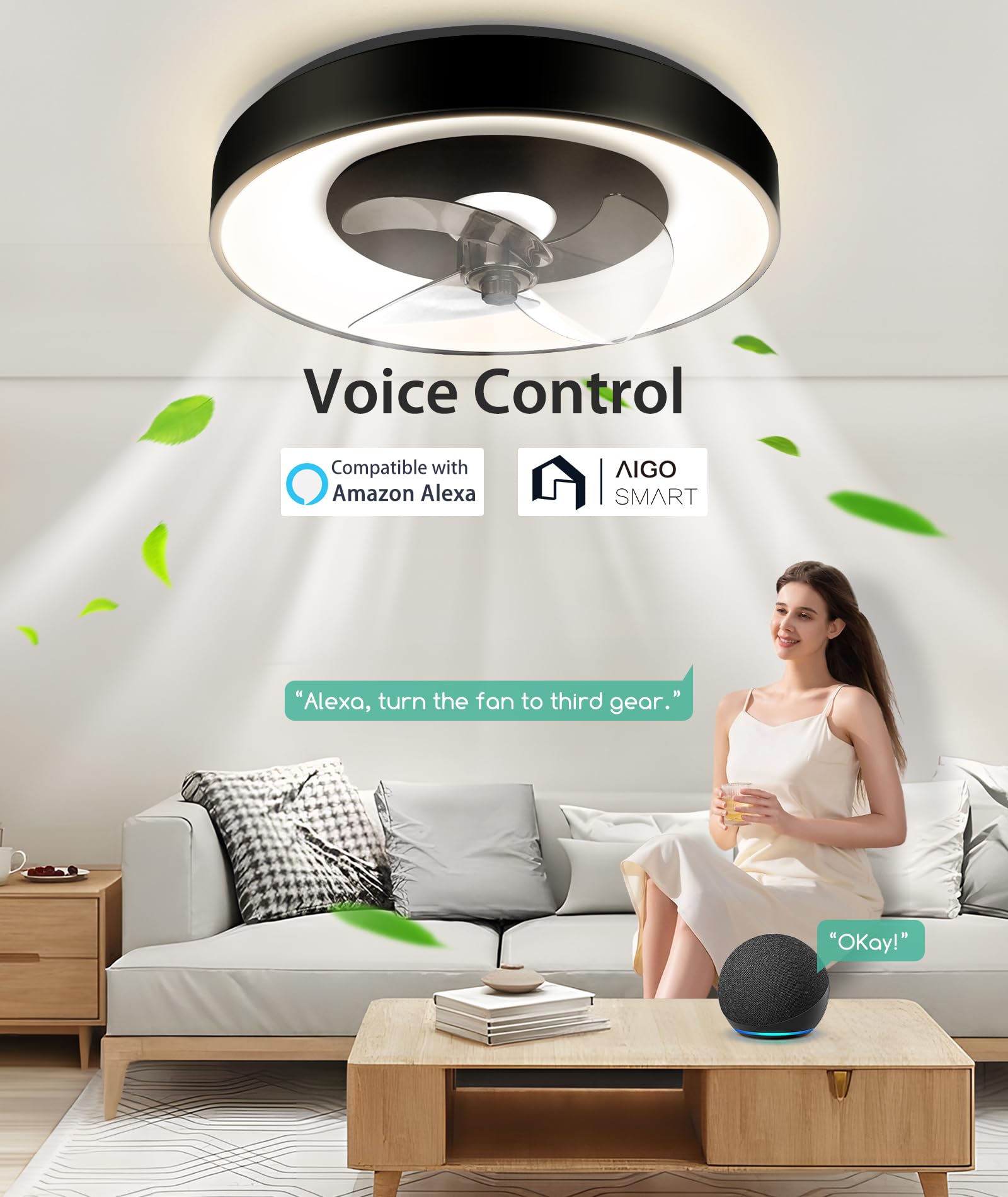Aigostar Ventilatore da Soffitto con Luce, Compatibile con Alexa, 40W, 4400LM, 2700K-6500K Dimmerabile, 6 Velocità, φ50CM - Ventilatore Soffitto Smart con Telecomando e Gateway, per Soggiorno