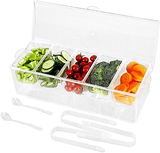 Tebery Large Clear Chilled Condiment Server with Lid and 5 Removable Compartments, Bar Garnish Holder Garnish Tray Salad Platter