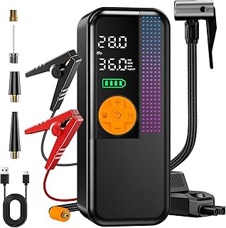 Arrancador de salto con compresor de aire, amplificador de batería portátil de coche de 5500 A (todo a gas y diésel de 10L) con inflador automático inalámbrico de 150 PSI, batería de coche portátil de