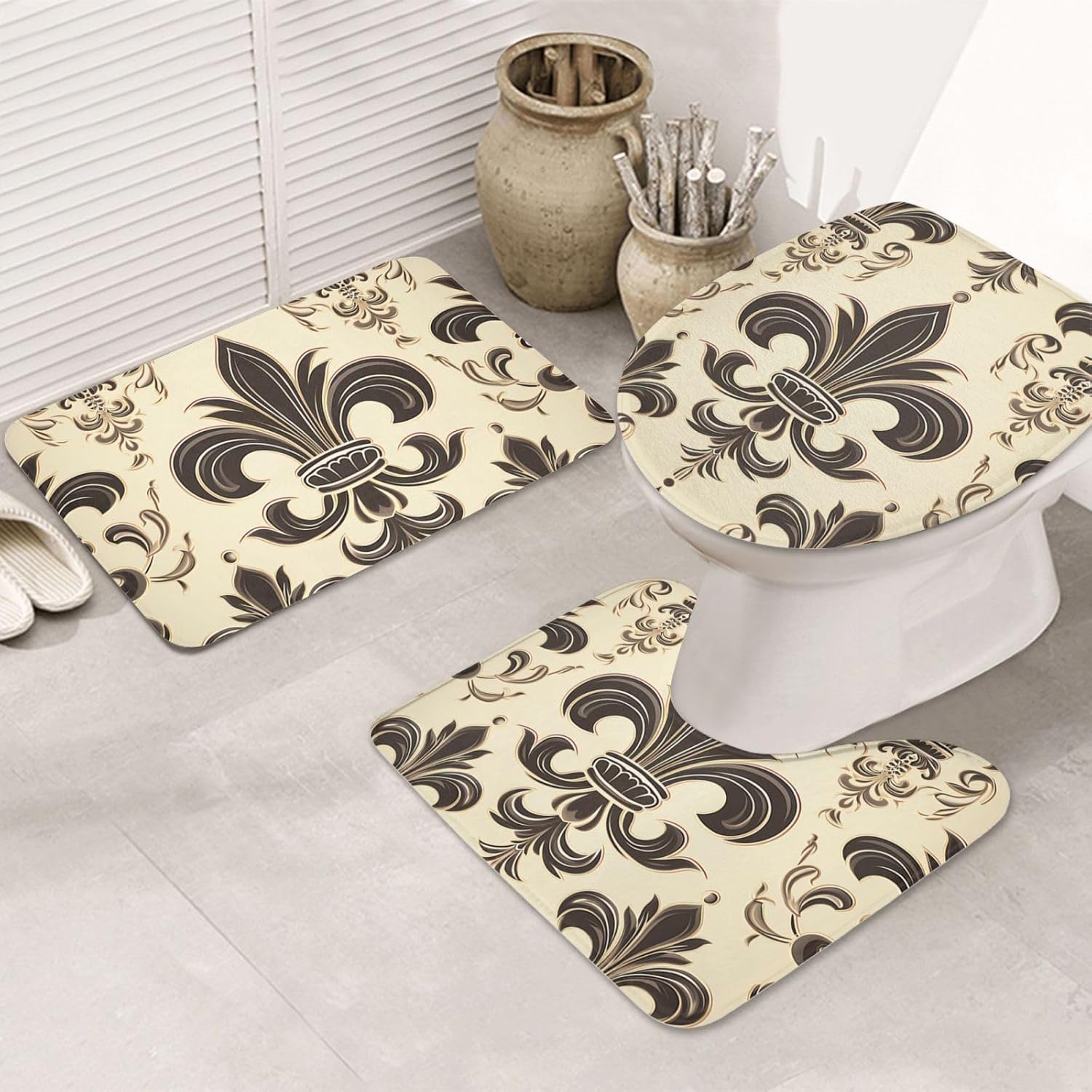3 Piece Bathroom Rug Set Non-Slip Bath Mat Set Fleur-de-Lis and Coat Arms Knight Bath Rugs Washable Bathroom Mat with Toilet Lid Cover Contour Mat Bath Rug for Shower Tub