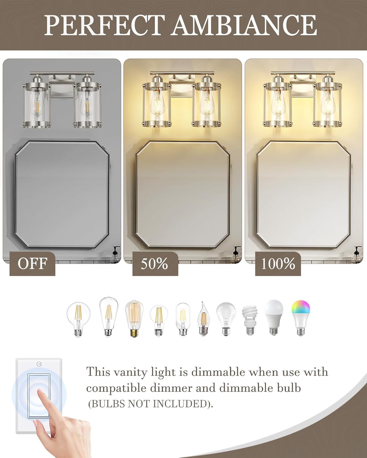 2-Light Brushed Nickel Bathroom Light Fixtures, 13.8 Inch Modern Bathroom Vanity Lighting Fixtures Over Mirror with Clear Glass and Metal Cage Wall Sconce Lights for Bath, E26, OS-3014BN-2W