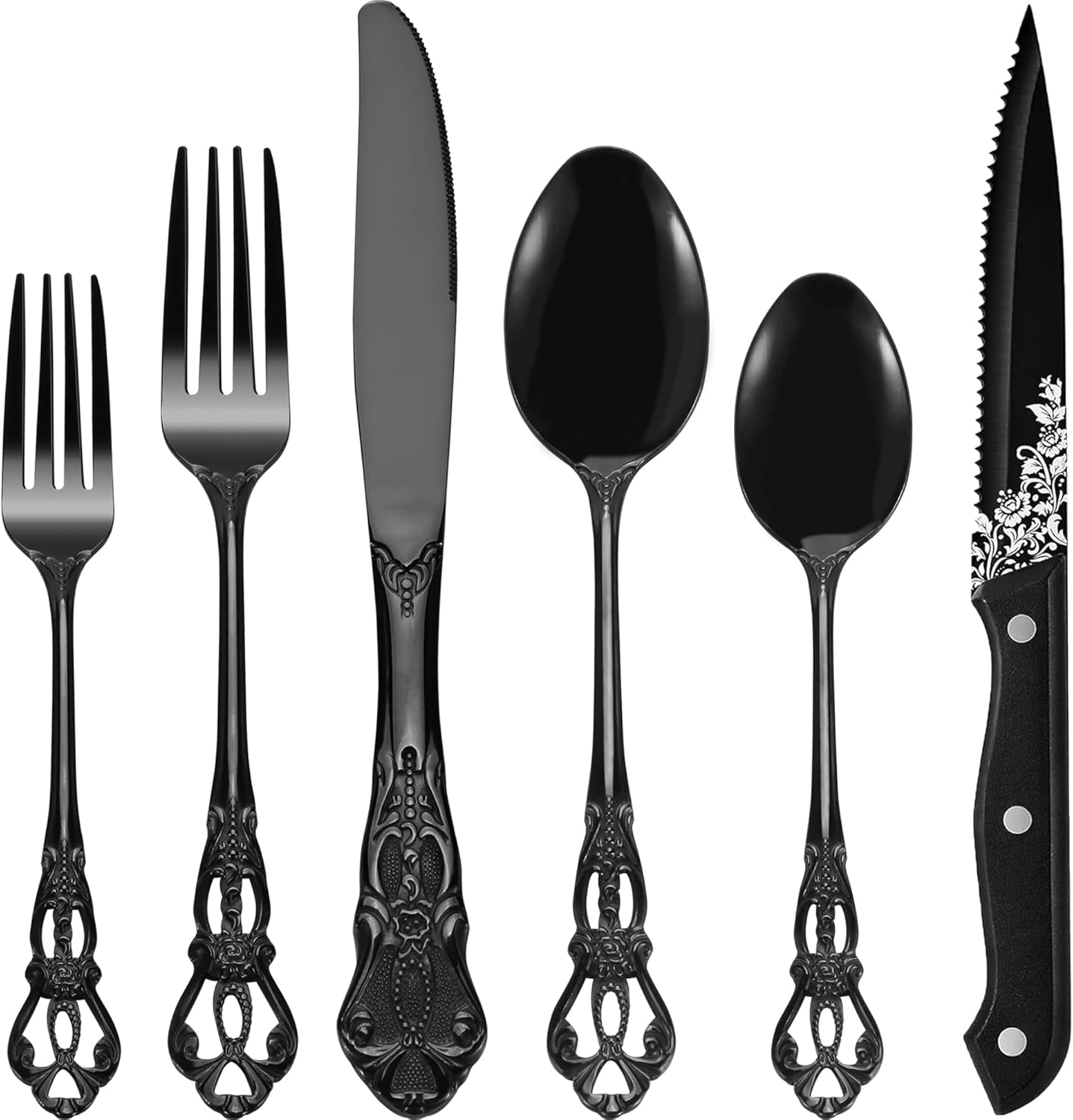 Runfly Retro Royal Black 48 Pieces Flatware Set, Gorgeous Black Silverware Set For 8, Anti-rust Stainless Steel dark Cutlery Set Utensils Including Fork Spoon and Knife