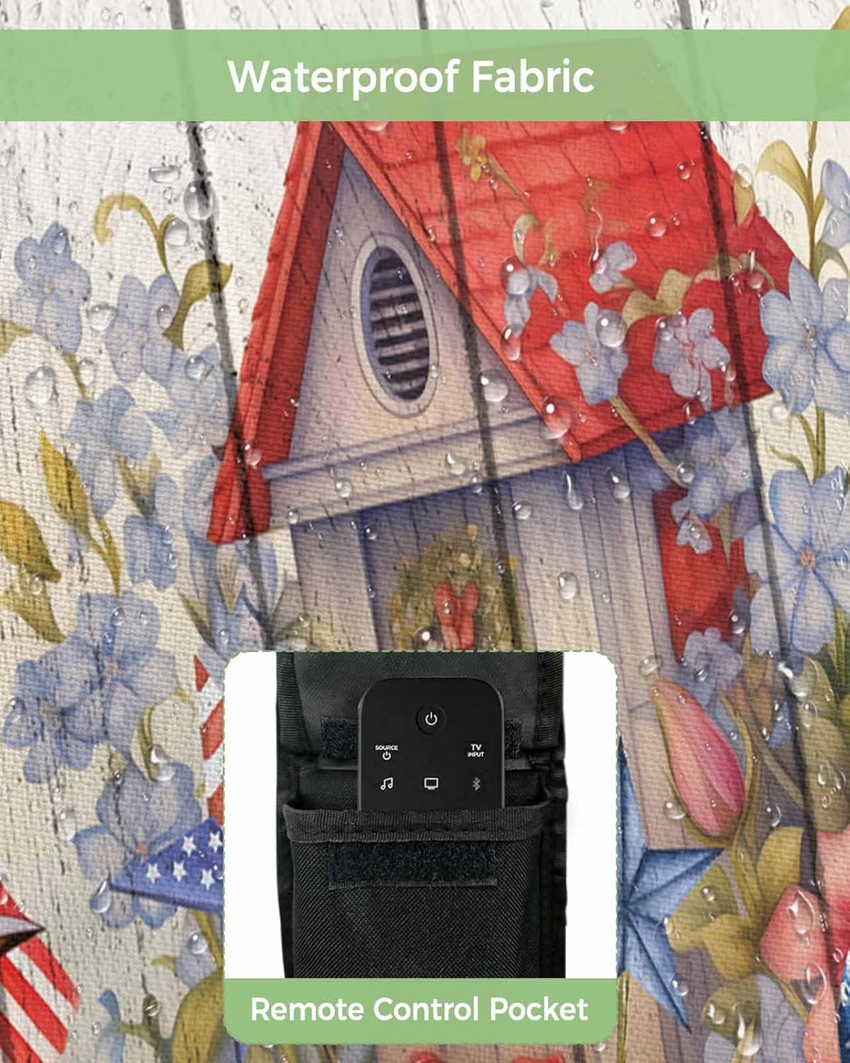 4th of July Outdoor TV Cover 75 Inch American Flag Patriotic TV Enclosure Independence Day Memorial Flower Wood Grain TV Covers for Outside TV Display Screen Protector with Remote Control Pocket