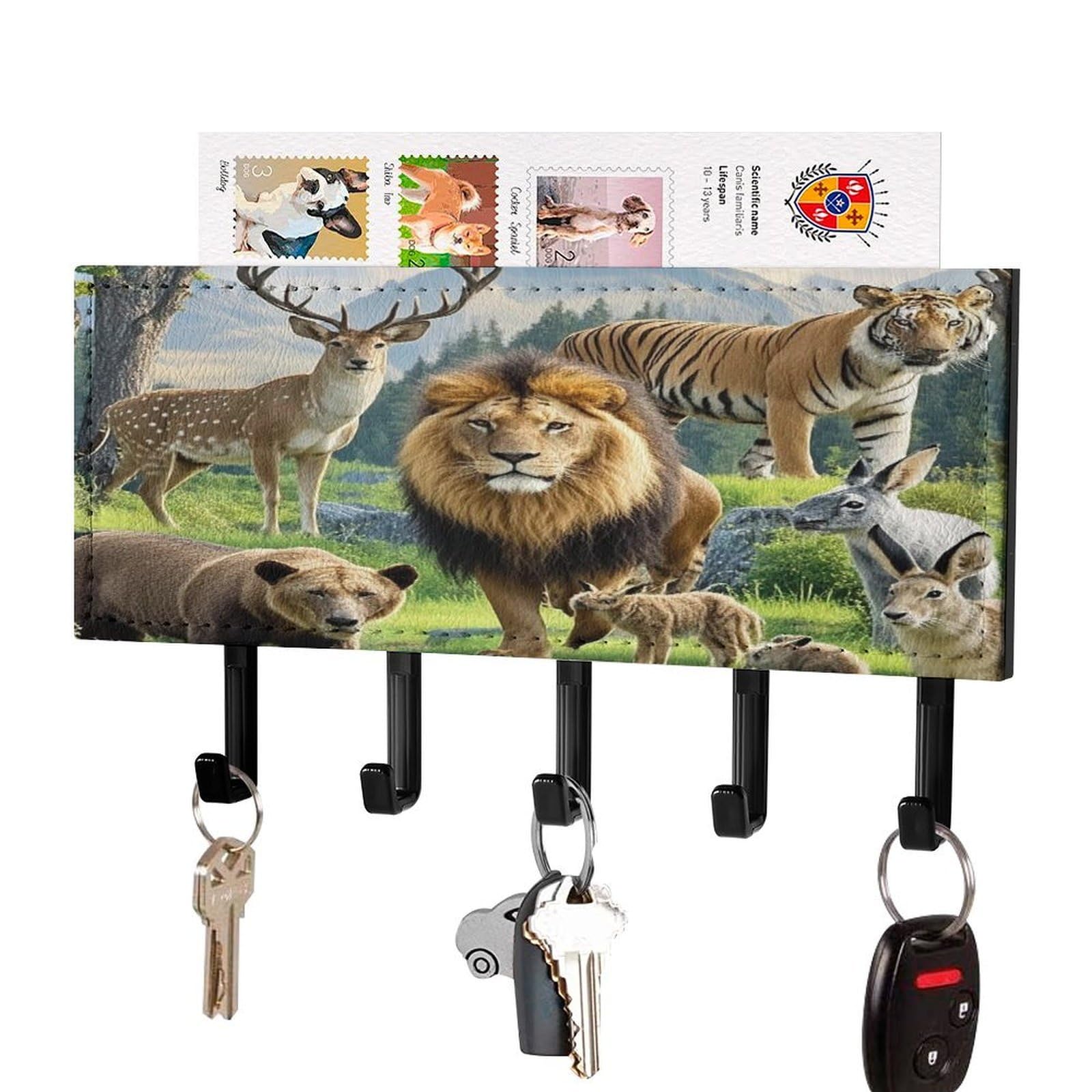 FekiLoot Wild Animals Key Holder Wall Mount Key Hooks for Wall Decorative with 5 Hooks PU Mail Rack Organizer with Shelf for Entryway Mudroom Hallway Office 7.1X4.3 in