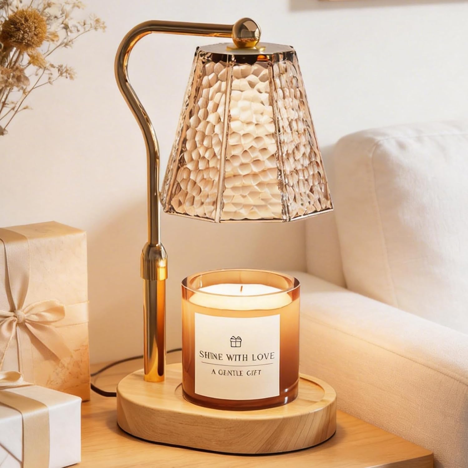 Candle Warmer Lamp with Timer, Dimmable & Height Adjustable,Modern Home Decor,Flameless Wax Warmer for Jar Candles, Light Wood,Includes 2 Bulbs, Gift for Women & Mom