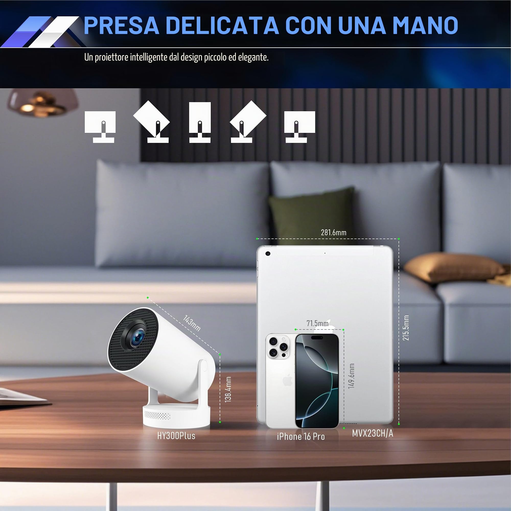 Proiettore video 2025 Upgraded Proiettore con WiFi 6 e BT 5.4 Mini proiettore 10000 lumen Supporta 4K 1080P Auto Keystone Compatibile con HDMI/TV Stick Laptop Electric Focus (RTR300)