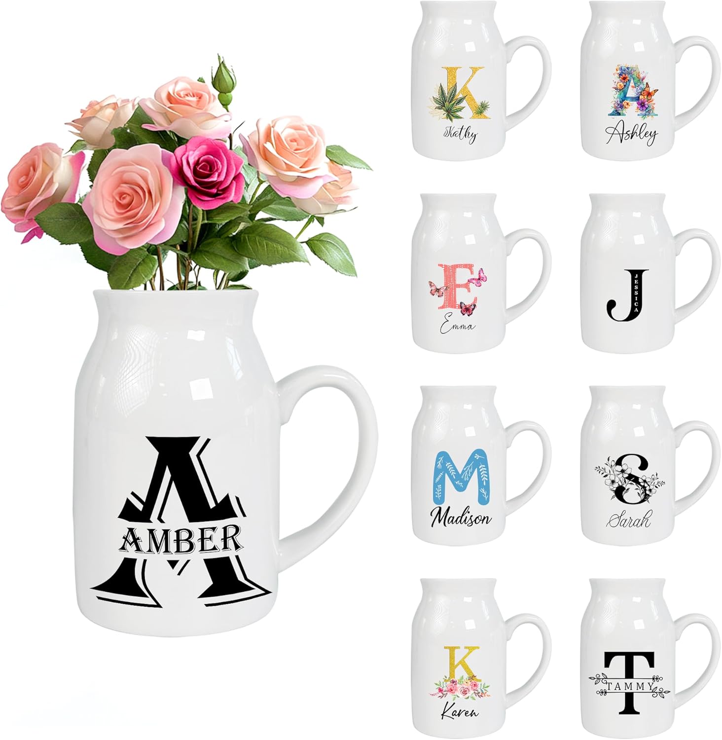 Personalized Initial Monogram Flower Bud Vase, Custom Elegant Alphabet Milk Jug Pitcher with Letter & Name, Gift Unique for Grandma, Garden Decor Keepsake