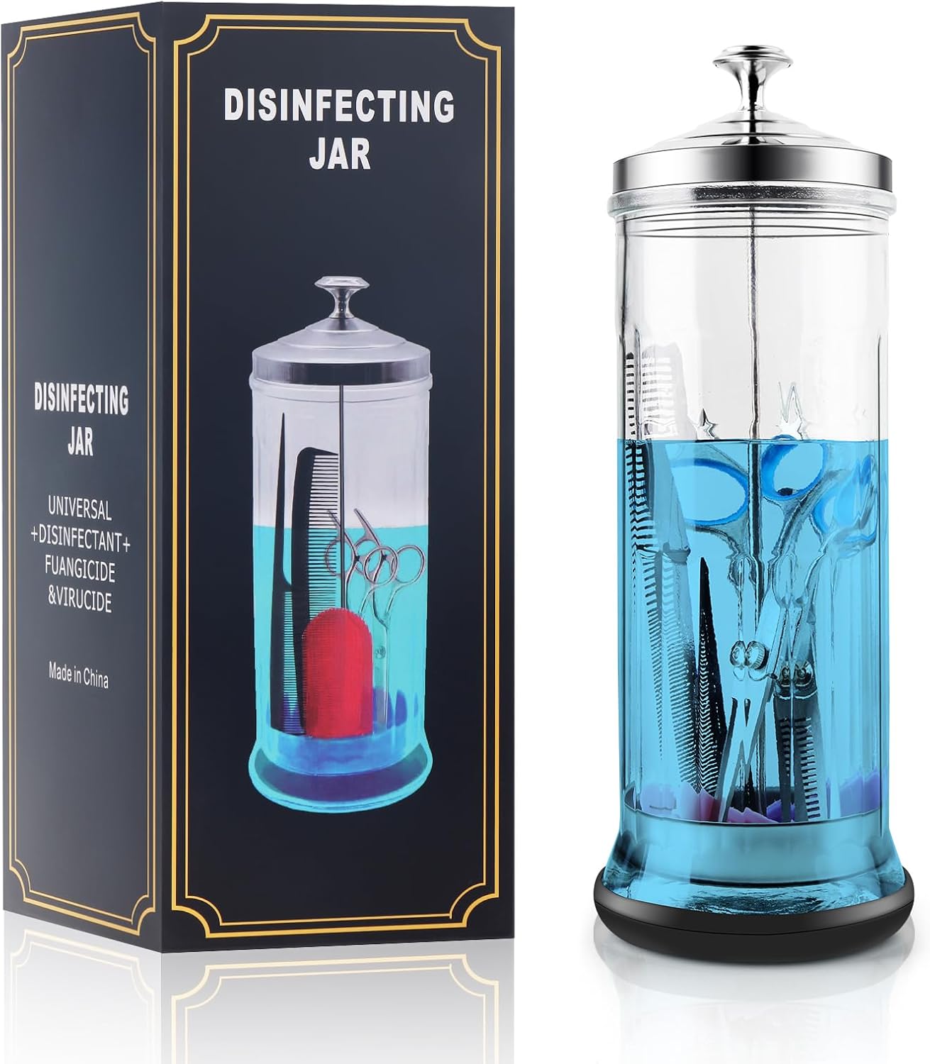 53 Oz Large Glass Disinfectant Jar with Removable Basket & Stainless Steel Lid Anti-Slip Base Durable Sanitizing Container for Barber Tools, Combs, Brushes Nail Tools & Implements