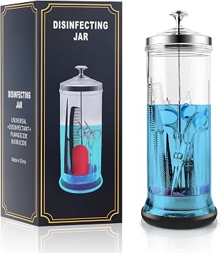 53 Oz Large Glass Disinfectant Jar with Removable Basket & Stainless Steel Lid Anti-Slip Base Durable Sanitizing Container for Barber Tools, Combs, Brushes Nail Tools & Implements