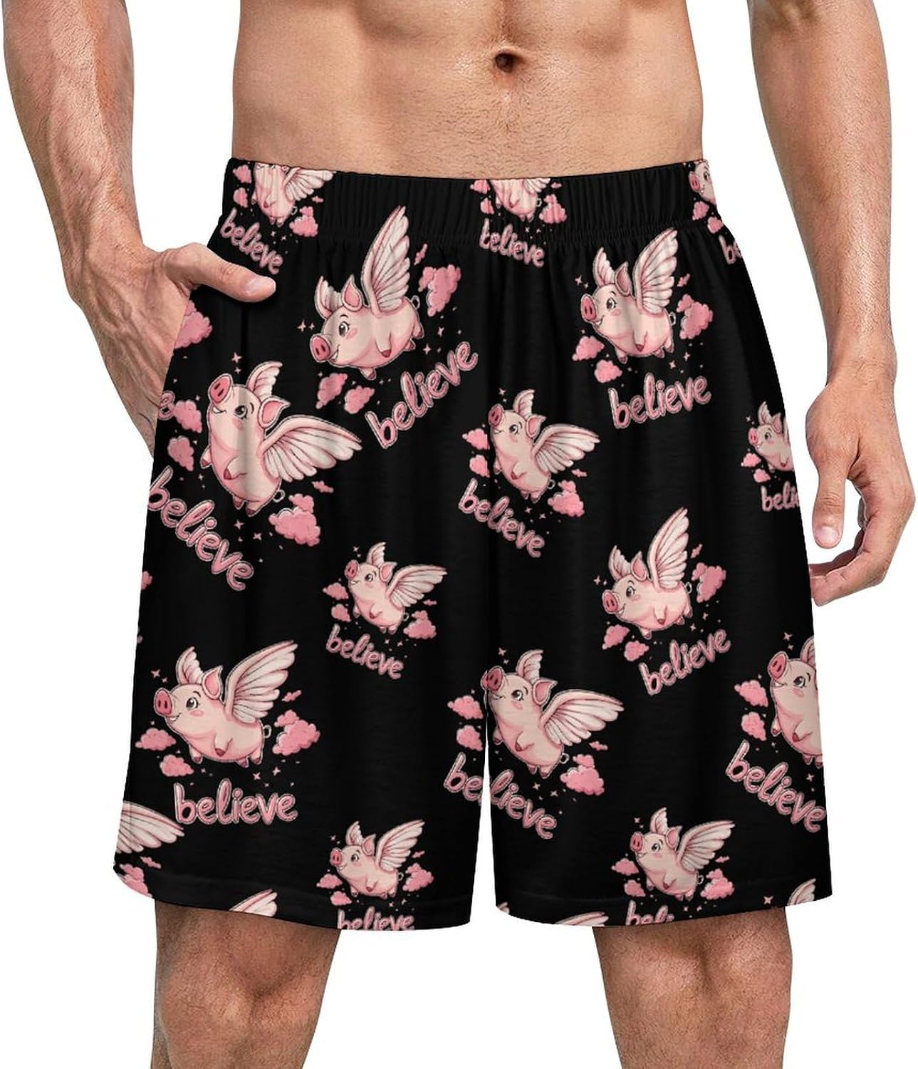 Flying Pigs Believe Men's Pajamas Shorts Casual Pajama Bottom Nightwear Pants Lounge Sleepwear