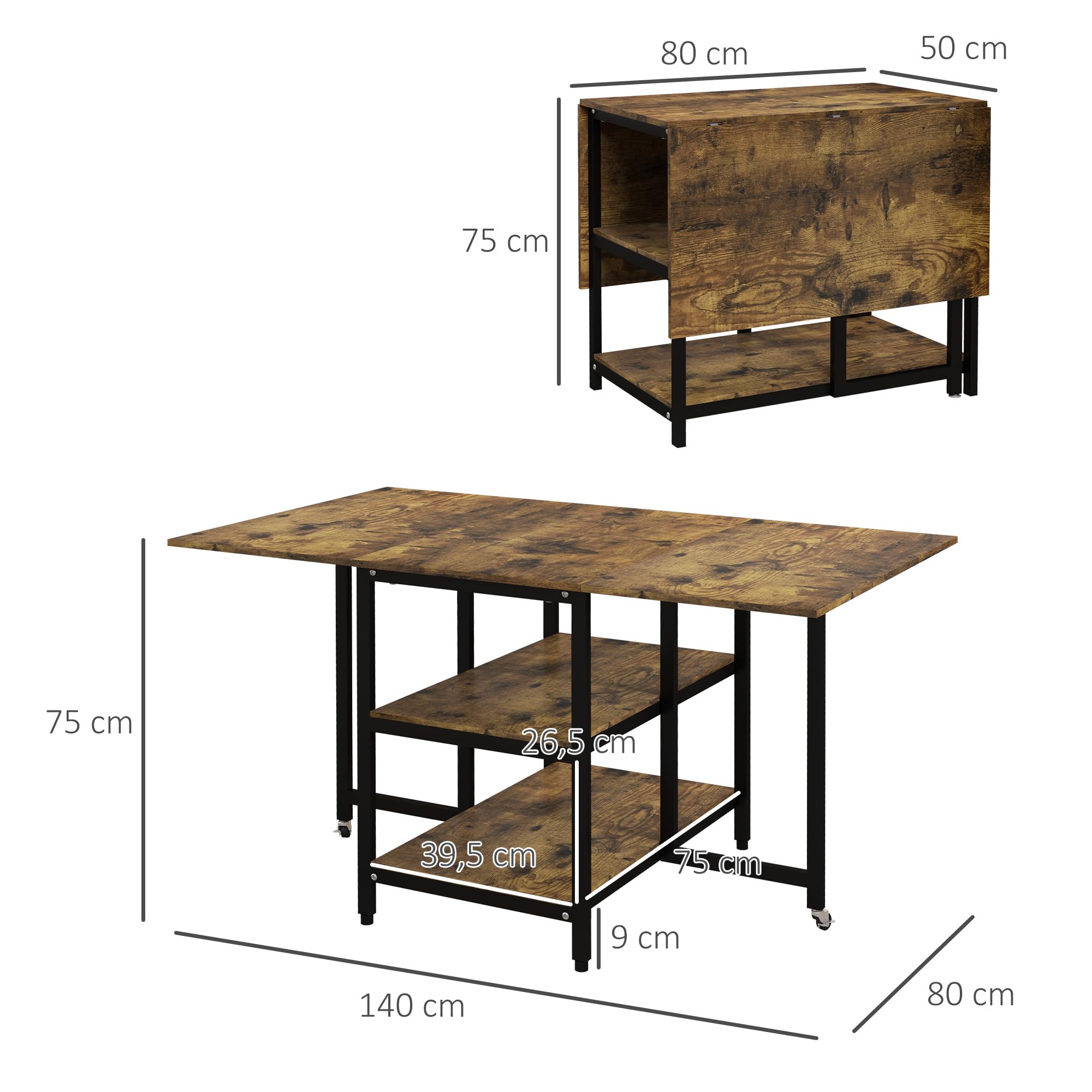Stół do jadalni, składany kuchenny z 2 półkami, 140 x 80 cm, rolkami, dla 2-6 osób, stalowy, rustykalny brązowy