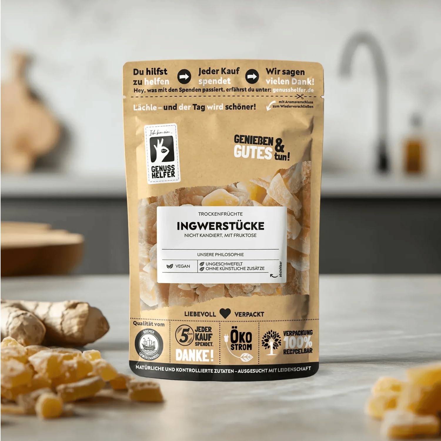 Bremer Gewürzhandel Ingwerstücke scharf, mit Fructose, süß-scharf im Geschmack, leckerer Snack, 1kg