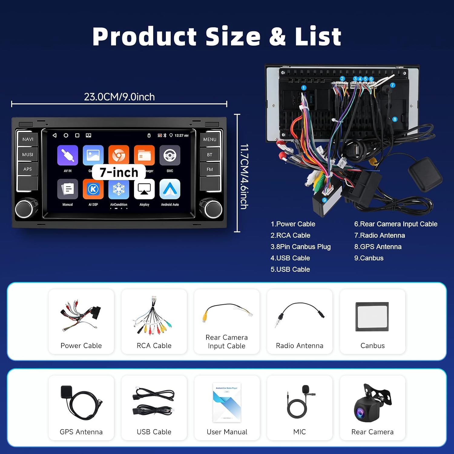 Diagram showing the product size and list of included accessories