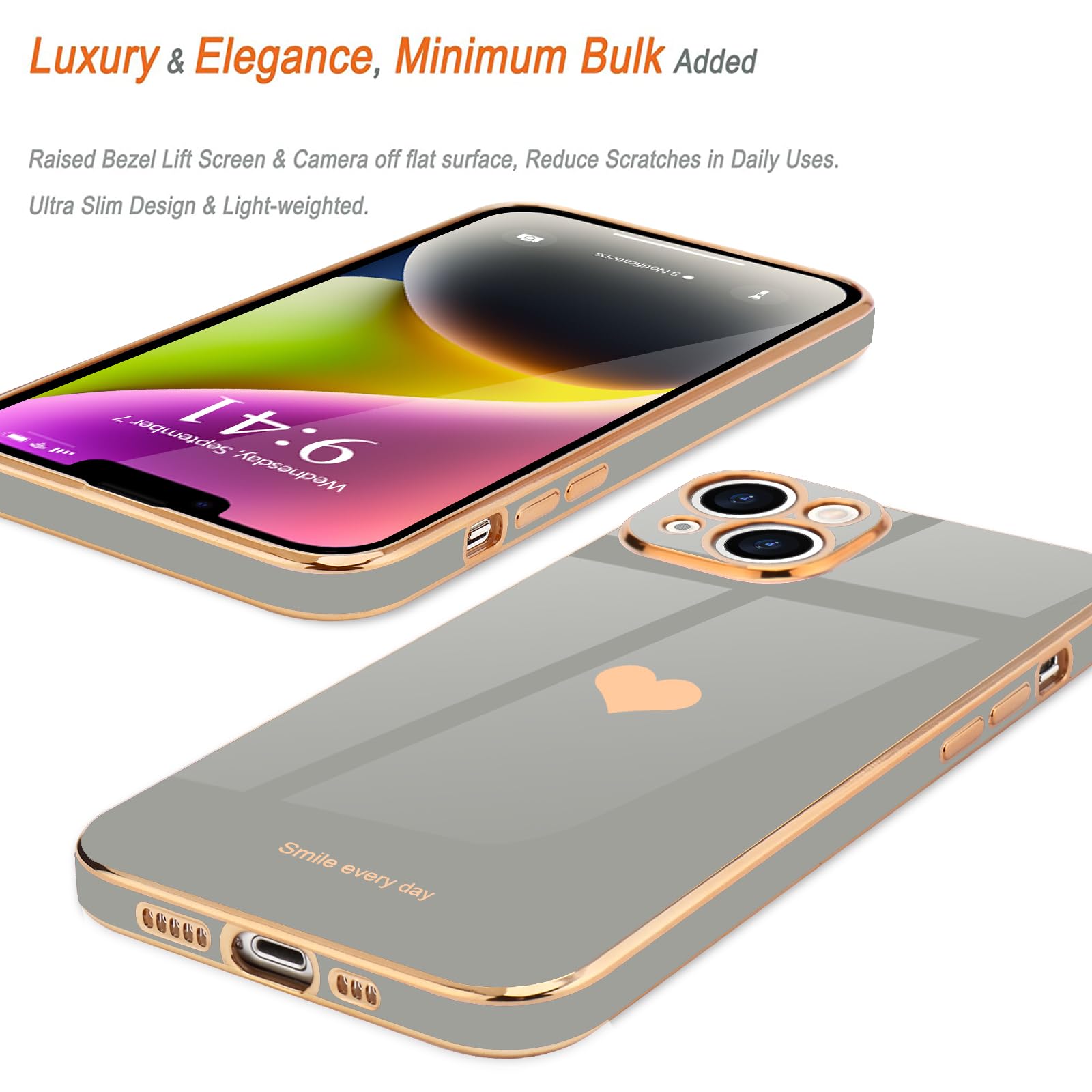 Teageo for iPhone 14 Case Cute Heart Pattern for Women Girls Slim Luxury Bling Plating Soft TPU Anti-Scratch Shockproof Bumper Phone Case for iPhone 14 - Image 3