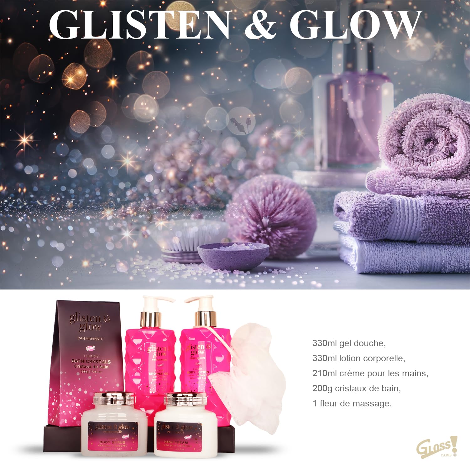 GLOSS! | Pudełko na prezent dla kobiet | Produkty do kąpieli | Perfumy granatowe| Kosz na kosmetyki, pielęgnacja i dobre samopoczucie | Oryginalny pomysł na prezent dla kobiet, na urodziny, Dzień