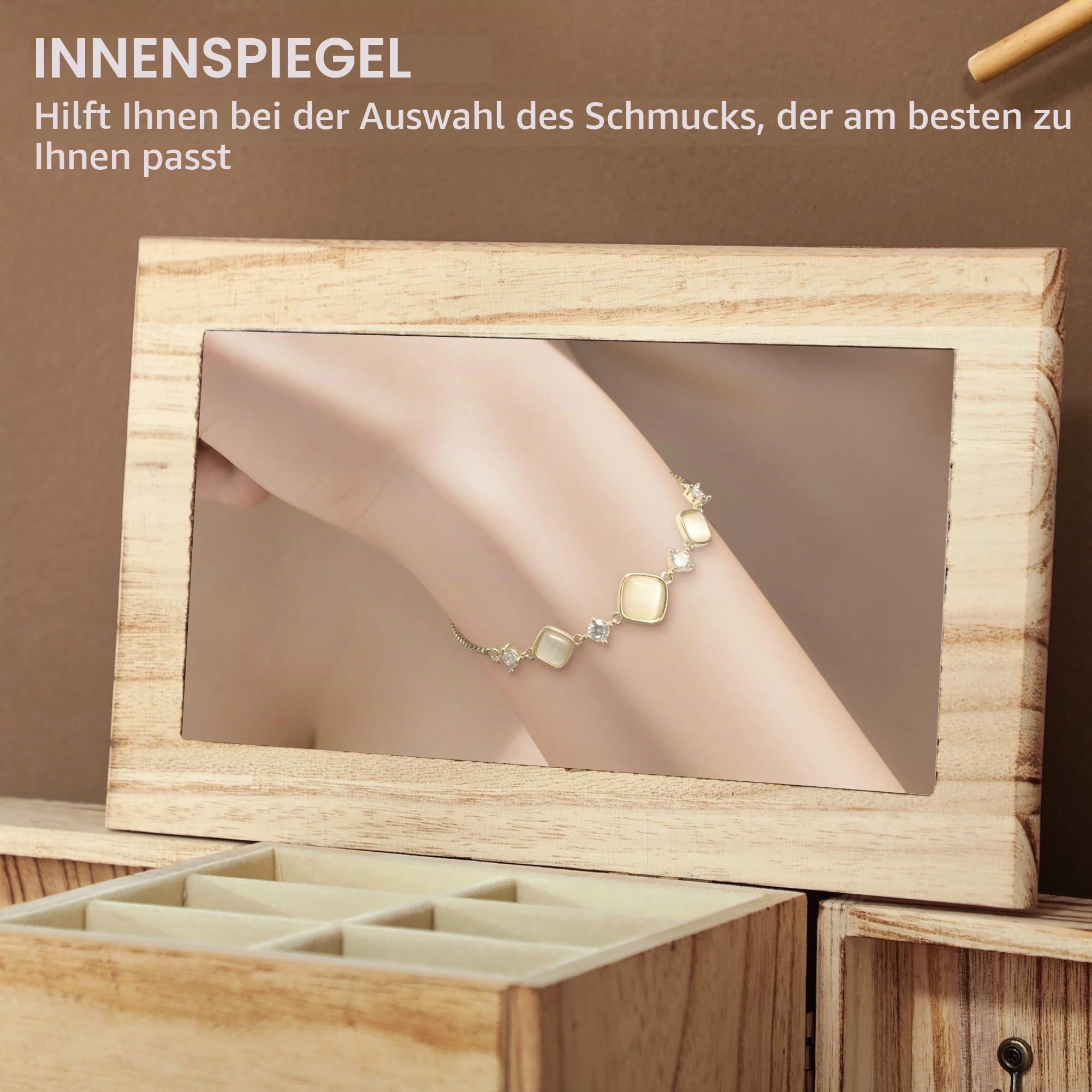 HOMCOM Schmuckkästchen Holz Schmuckschatulle mit 4 Ebenen Spiegel Braun