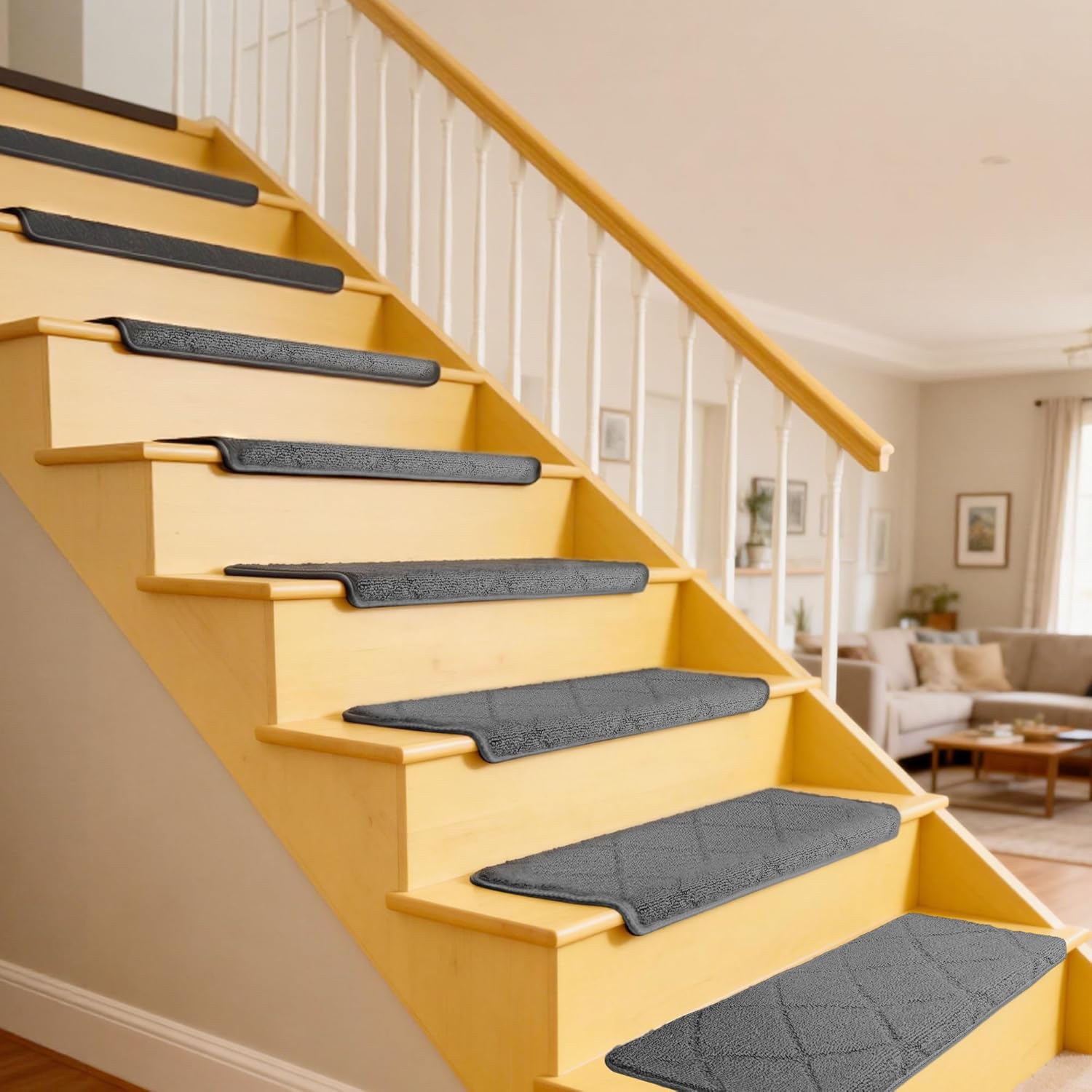 15 Pieces Ultra Plush Bullnose Carpet Stair Treads 9.5"x30" – Non Slip, Self Adhesive, Pet Friendly, Washable, Reusable, Skid Resistant Indoor Stair Mats with Iron-Reinforced Edge (Diamond & Gray)