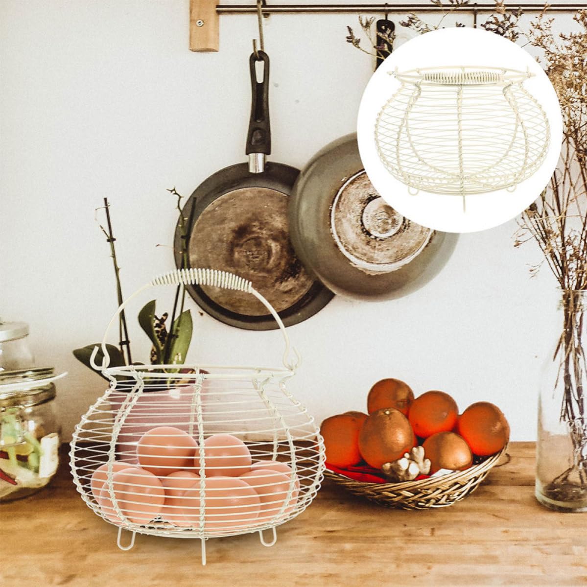BESTOYARD 2 Stück Küchenkorb aus Draht aus Eisen in Weiß Leichter und Leicht zu Reinigender Eierkorb im Vintage Stil für Küche und Bauernmarkt zum Sammeln von Eiern und Gemüse