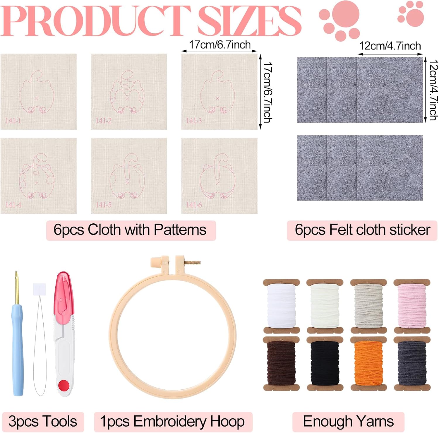 Vesici 6ps Cat Bum Punch Needle Kit, 6 Patterns Cat Butt Punch Coaster, Fun Woven Creative Coasters for Adult Beginners, Coasters Kit with Adhesive Felt, Yarns, Embroidery Hoop, Instruction